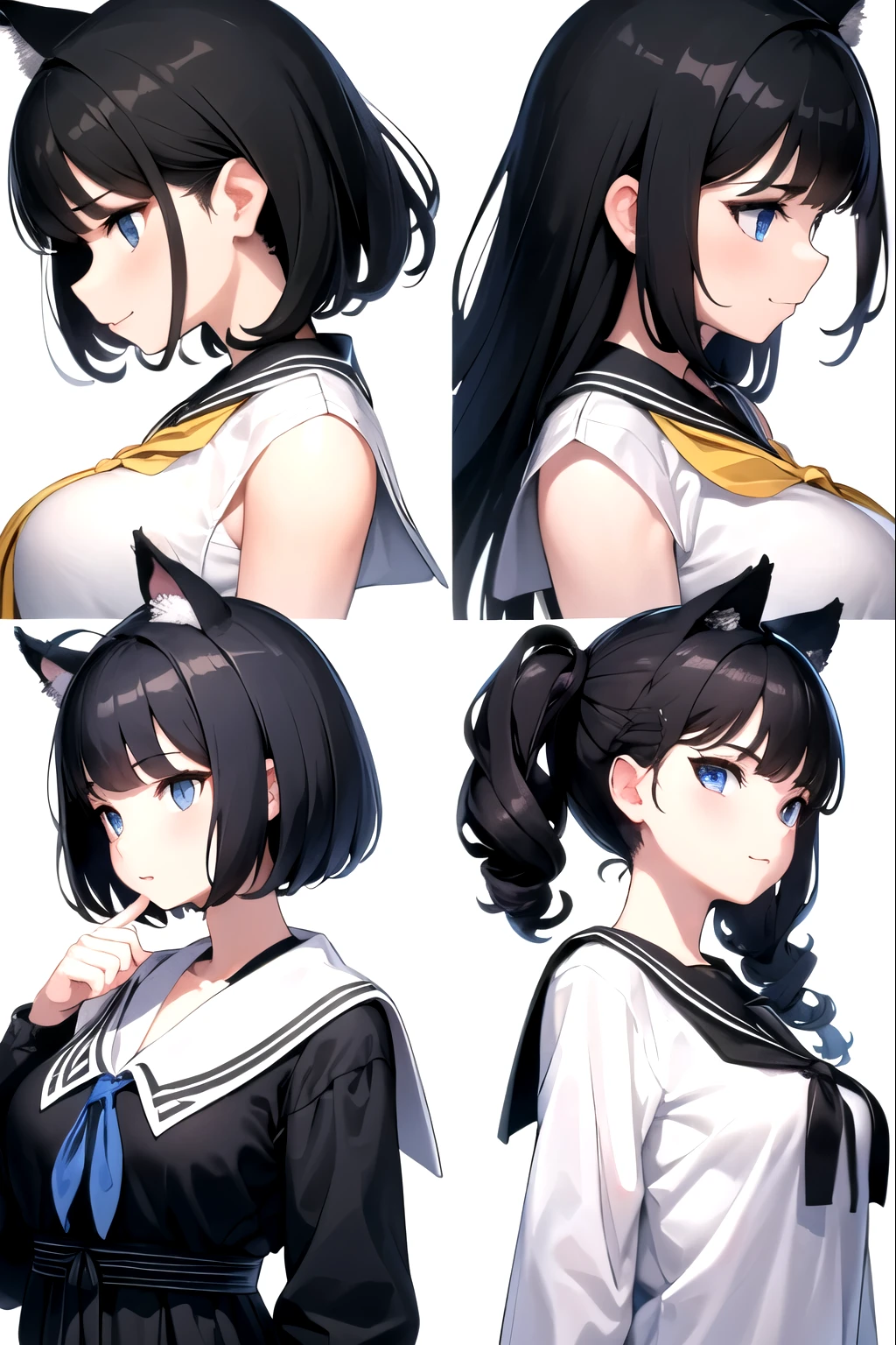 ((upright)), ((Arms at your sides)), Watching the audience, Simple Background、White Background, 1 girl, Open your mouth, smile、((highest quality, expensive_solve, clear_image)),(Black Hair), (Black cat ears), (Ahoge), (Extremely short hair), (Wavy Hair), (blue eyes),、Laughter、Very large breasts、whole body、Wearing a sailor suit、Character Reference Sheet, ((Front view, Side view))