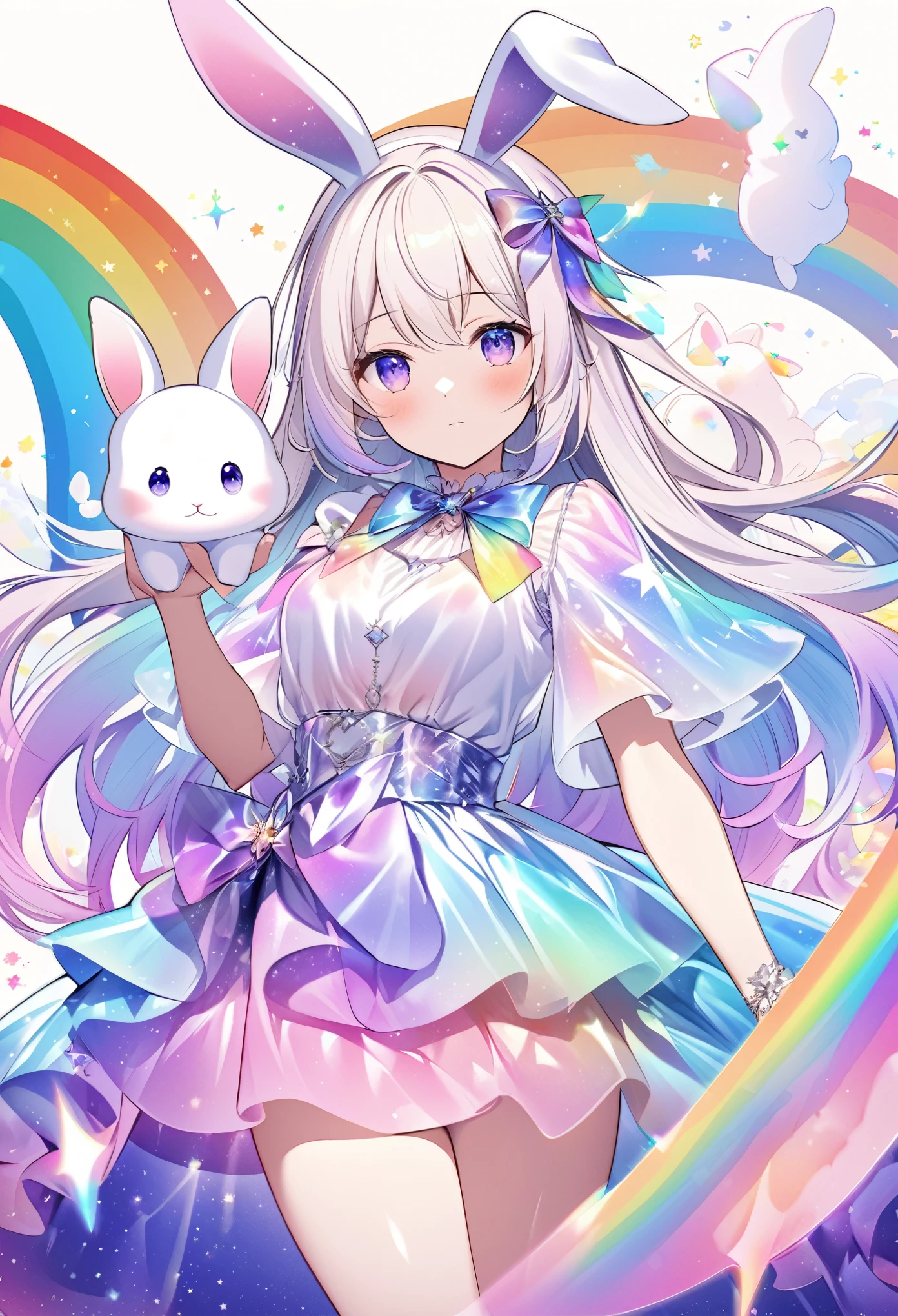 "Create an illustration of a mystical character holding a white rabbit, with light-colored hair adorned with a bow resembling rabbit ears. The character is wearing a shiny, iridescent blouse that reflects various colors. The background should be a celestial, starry sky transitioning into a vibrant rainbow spectrum, giving off an ethereal and magical vibe."