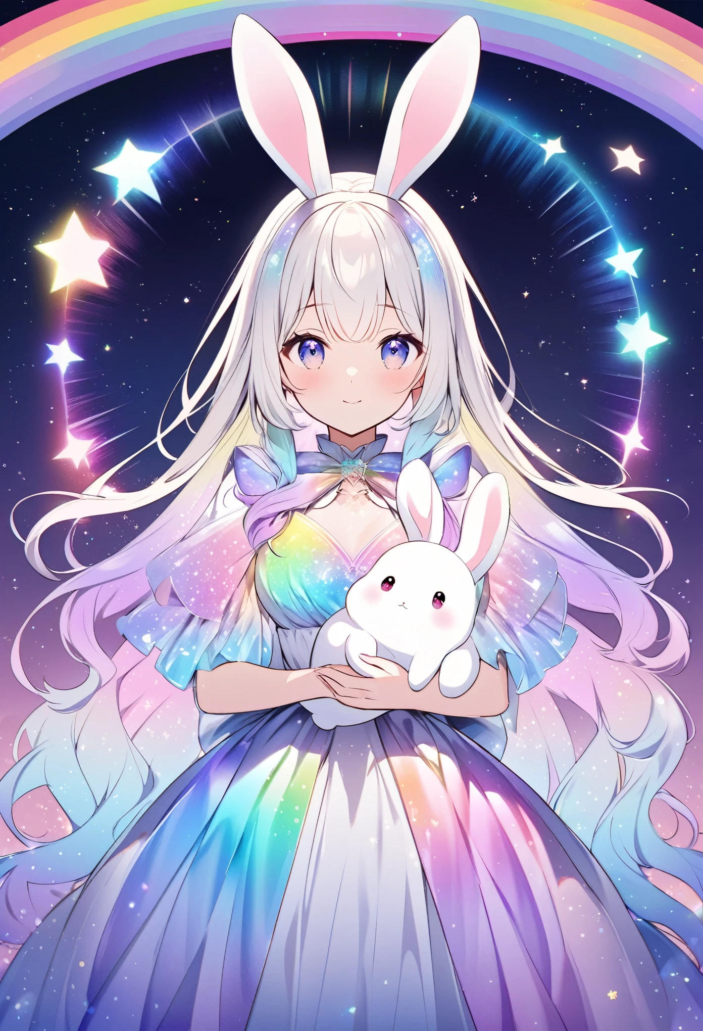 "Create an illustration of a mystical character holding a white rabbit, with light-colored hair adorned with a bow resembling rabbit ears. The character is wearing a shiny, iridescent blouse that reflects various colors. The background should be a celestial, starry sky transitioning into a vibrant rainbow spectrum, giving off an ethereal and magical vibe."