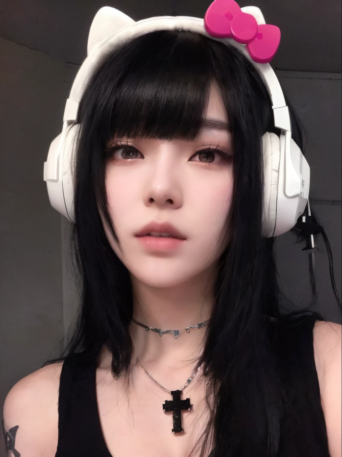 arafed woman with headphones and a necklace with a cross on it, cruel korean goth girl, she has black hair with bangs, black hair and white bangs, belle delphine, hair blackbangs hair, ulzzang, whitebangsblackhair, with headphones, 1 7 -  - old me goth girl, anime vibes, with head phones