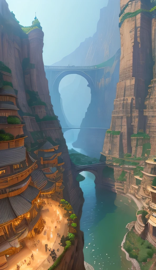 ((masterpiece)),((best quality)),((high detial)),((realistic,))
Futuristic age city, deep canyons in the middle, architectural streets, bazaars, Bridges(fantasy animal flying under), rainy days, European architecture, architectural wonder.