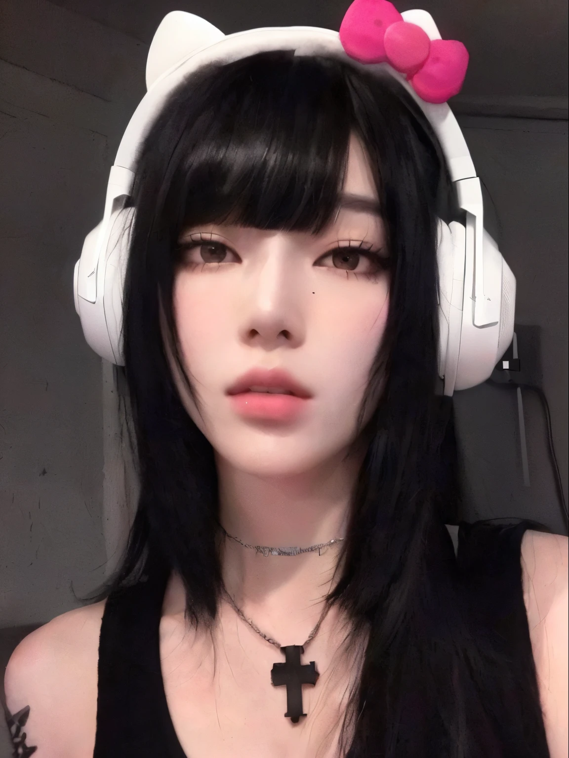 arafed woman with headphones and a necklace with a cross on it, cruel korean goth girl, she has black hair with bangs, black hair and white bangs, belle delphine, hair blackbangs hair, ulzzang, whitebangsblackhair, with headphones, 1 7 - - old me goth girl, anime vibes, with head phones