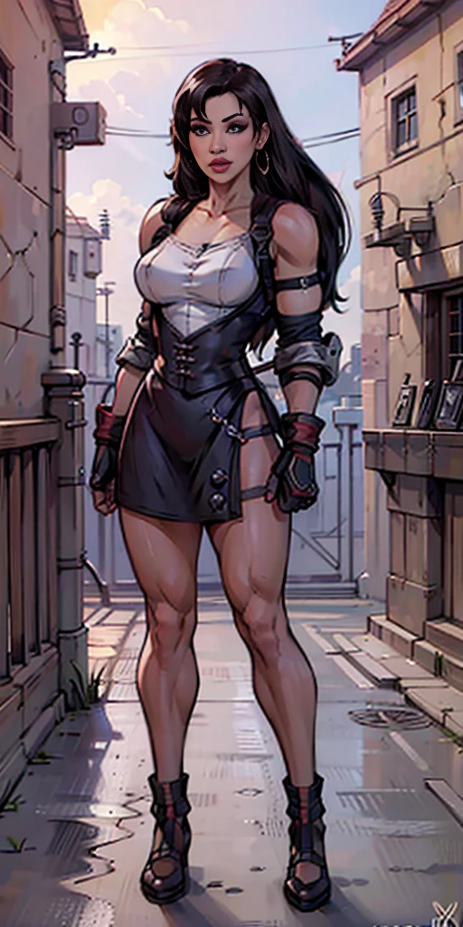 8k, best quality, masterpiece:1.2) (realistic, photo-realistic:1.37) (full body) 1female solo girl, standing, legs apart (wide stance) standing contrapposto, ultra-detailed, cute (Tifa Lockhart) Final Fantasy VII
