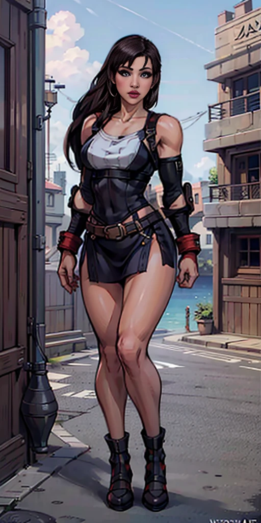 8k, best quality, masterpiece:1.2) (realistic, photo-realistic:1.37) (full body) 1female solo girl, standing, legs apart (wide stance) standing contrapposto, ultra-detailed, cute (Tifa Lockhart) Final Fantasy VII