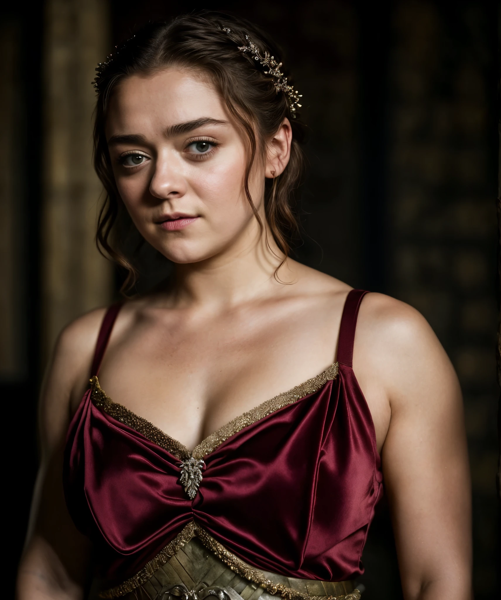 Foto RAW, Arya Stark, Extremely gorgeous lady, Arya Stark PLAYED BY MAISIE WILLIAMS, Queen Arya Stark, she a woman now, milf, medial battle dress, gladiator woman, body, 40 years old Woman, body revealing costumes, perky breast, big n breast, erotic costlusty ph, seductive figurn capture every people's attention, Game of thrones costumes, revealing captivating figure, Mediaeval costumes, revealing clothes, A tomboy, she would rather fence than dance, warrior queen , game of thrones screen caps, Game of Thrones Series, (pele altamente detalhada: 1.2), 8k UHD, DSLR, soft-lighting, alta qualidade, grain of film, Fujifilm XT3, flawless picture, highly detailed, detailed Beauty, intricate, 32k, sharp picture,