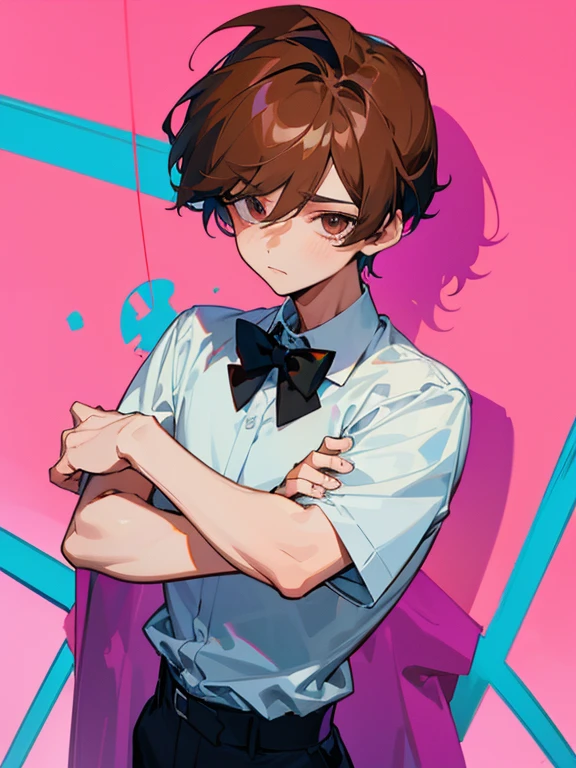 cartoon of a boy standing, with a black loop bow tie, ddlc, in the art style of 8 0 s anime, 9 0 s anime style, 90s anime style, in anime style, in an anime style, anime aesthetic, anime vibes, 9 0 s anime aesthetic, 9 0 s anime art style, lofi boy, typical anime background, beautiful background window, one boy, beautiful face, boy, don't extra hands, NO extra hands, generate a boy with NO extra hands, NO extra arm, white shirt, tired eyes, beautiful tired eyes, brown short hair, brown hair, short hair,  cute anime boy