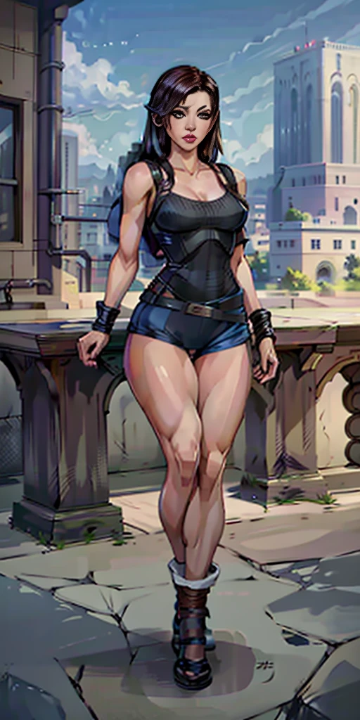 8k, best quality, masterpiece:1.2) (realistic, photo-realistic:1.37) (full body) 1female solo girl, standing, legs apart (wide stance) standing contrapposto, ultra-detailed, cute (Tifa Lockhart) Final Fantasy VII