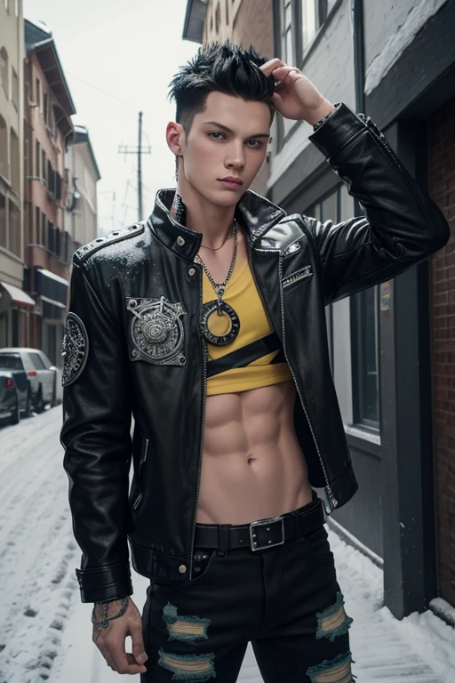 Dale Whibley 25-year-old boy with open black jacket, blue t-shirt with snow print, short black hair, punk style, yellow locks, black jeans, green eyes, black leather belt, silver buckle, slim muscular build, cross medallion, silver bracelet, looking straight at the viewer