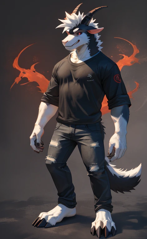 A black "goat", full body, red eyes, hair fog black, grin, smuggle, jeans and black shirt. Anthropomorphic, furry character, character design, goat character, no paw, hof for legs