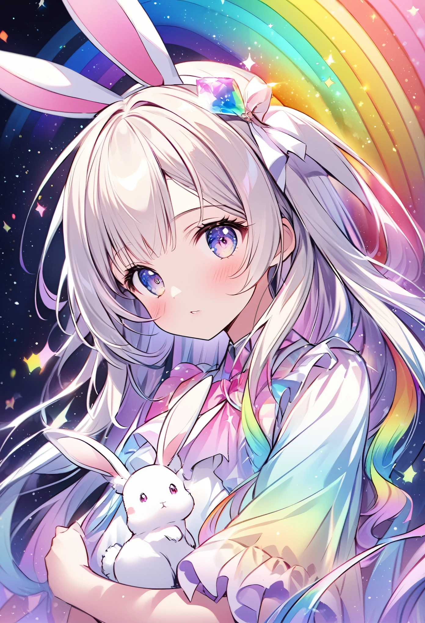 "Create an illustration of a mysterious character holding a white rabbit, She has light-colored hair with ribbons that resemble bunny ears.. Characters are shiny, A rainbow-colored blouse that reflects different colors. The background must be a celestial object, The starry sky transforms into a vibrant rainbow spectrum, Creates a mysterious and magical atmosphere."