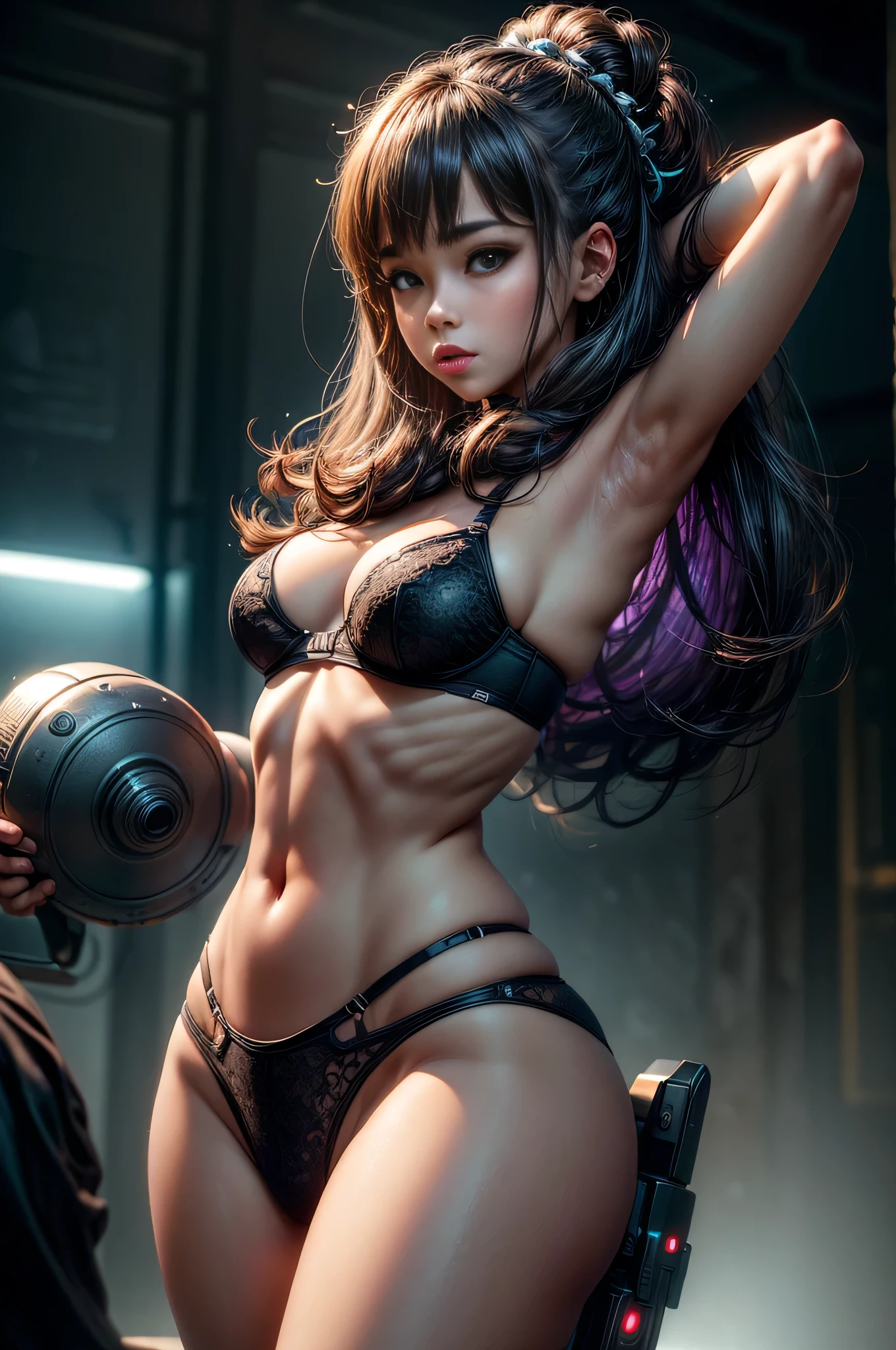 sfw, (((obra-prima)))、(((Maximum quality)))、((ultra-definition))、(High definition CG illustration)、((extremamente delicado e lindo))、Cidade do Futuro、Cinematic Light、apenas、Esbian、Beautiful neon lights、2080s、animesque、garota linda、Garota de cauda dupla、Trends in Artstationh、Raquel Walker, wearing bra,((cintura fina)), young asian, ((peito grande)),