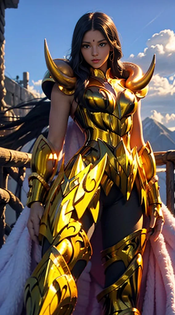 Create a high-quality image of a woman wearing full-body golden armor. She is depicted in a majestic pose, proudly standing amidst a grandiose backdrop. Her armor gleams with the brightness of gold, reflecting the sunlight streaming through the clouds. Her hair cascades over her shoulders, framing her determined and confident face. In her hands, she holds a sword or shield, ready to defend her cause with bravery. In the background, an epic landscape of towering mountains and a vast, infinite sky. This woman is a vision of power and nobility, a fearless leader ready to face any challenge that comes her way. 