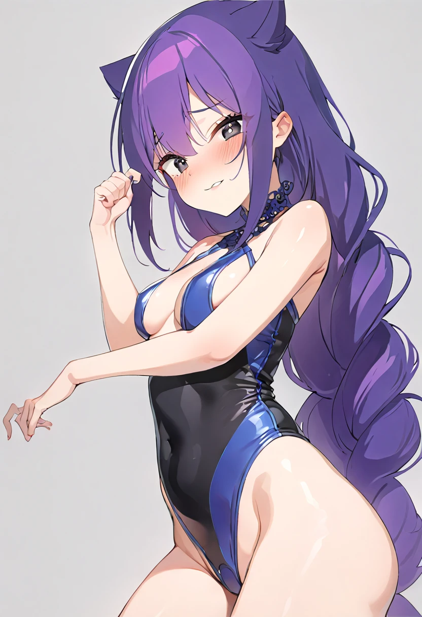 8k, Best quality face, top quality, hentai vibes, long bright purple  hair, black eyes, gives sexy vibes, naughty expression on her face, style hentai, wearing one piece very tight blue skimpy outfit highlighting her body , naughty vibes, henati pose, she has a lolita vibe, detailed, no background just white imagine 