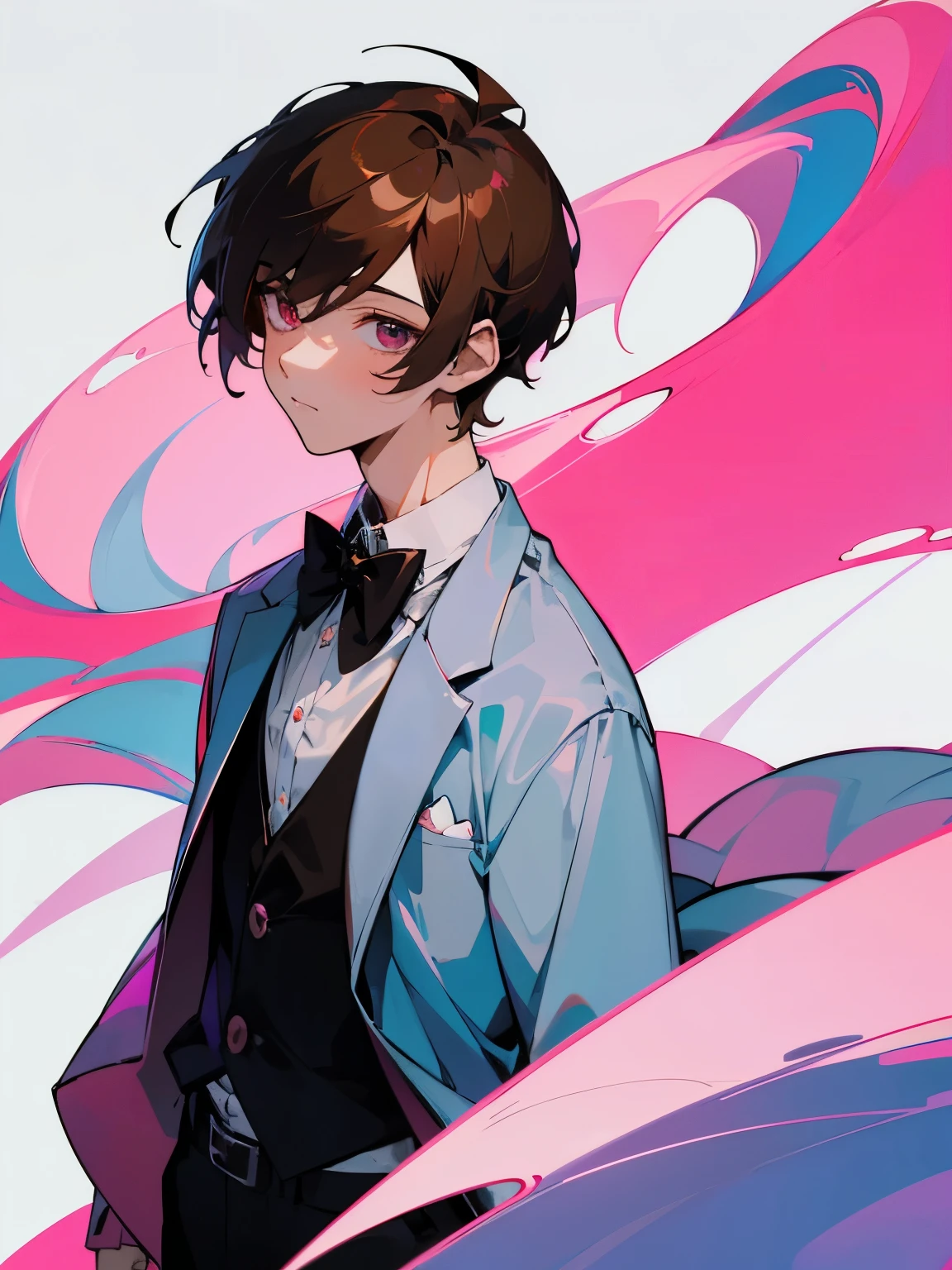 cartoon of a boy standing, with a black loop bow tie, ddlc, in the art style of 8 0 s anime, 9 0 s anime style, 90s anime style, in anime style, in an anime style, anime aesthetic, anime vibes, 9 0 s anime aesthetic, 9 0 s anime art style, lofi boy, typical anime background, beautiful background window, one boy, beautiful face, boy, don't extra hands, NO extra hands, generate a boy with NO extra hands, NO extra arm, white shirt, tired eyes, beautiful tired eyes, brown short hair, brown hair, short hair, cute anime boy