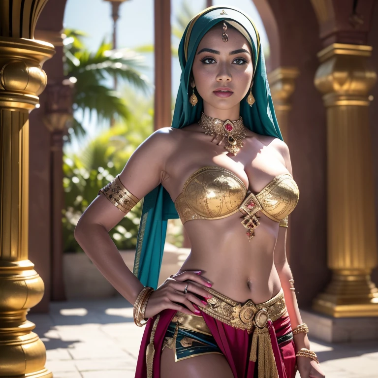 RAW, Best quality, high resolution, masterpiece: 1.3), beautiful javanese queen in hijab showing cleavage in sexy bellydancer highslit,Masterpiece, Soft smile, choker, (((colorful))) (8k Very Detailed CG Unit Wallpaper), (Best Quality), (Best Illustration), (Best Shadow), (Detail: 1.4), 3D, HDR (High Dynamic Range), Ray Tracing, NVIDIA RTX, Super Resolution, Subsurface Scattering, PBR Texture, Post Processing, Anisotropic Filtering, Depth of Field, Maximum Sharpness and Acutance, Multi-layer Textures, Albedo and Highlight Mapping, Surface Shading, Accurate Simulation of Light-Material Interactions, Perfect Proportions, Octane Rendering, Two-tone Lighting, Wide aperture, low ISO, white balance, rule of thirds, 8K RAW, intricate detail, fine pattern, deep shadows, masterpiece, realism, roughness, ultra-realistic, shot on Canon EOS R5, 50mm lens, f/2.8, sharp focus, smooth, roughness, real life, realism, photography, 8k ultra hd,