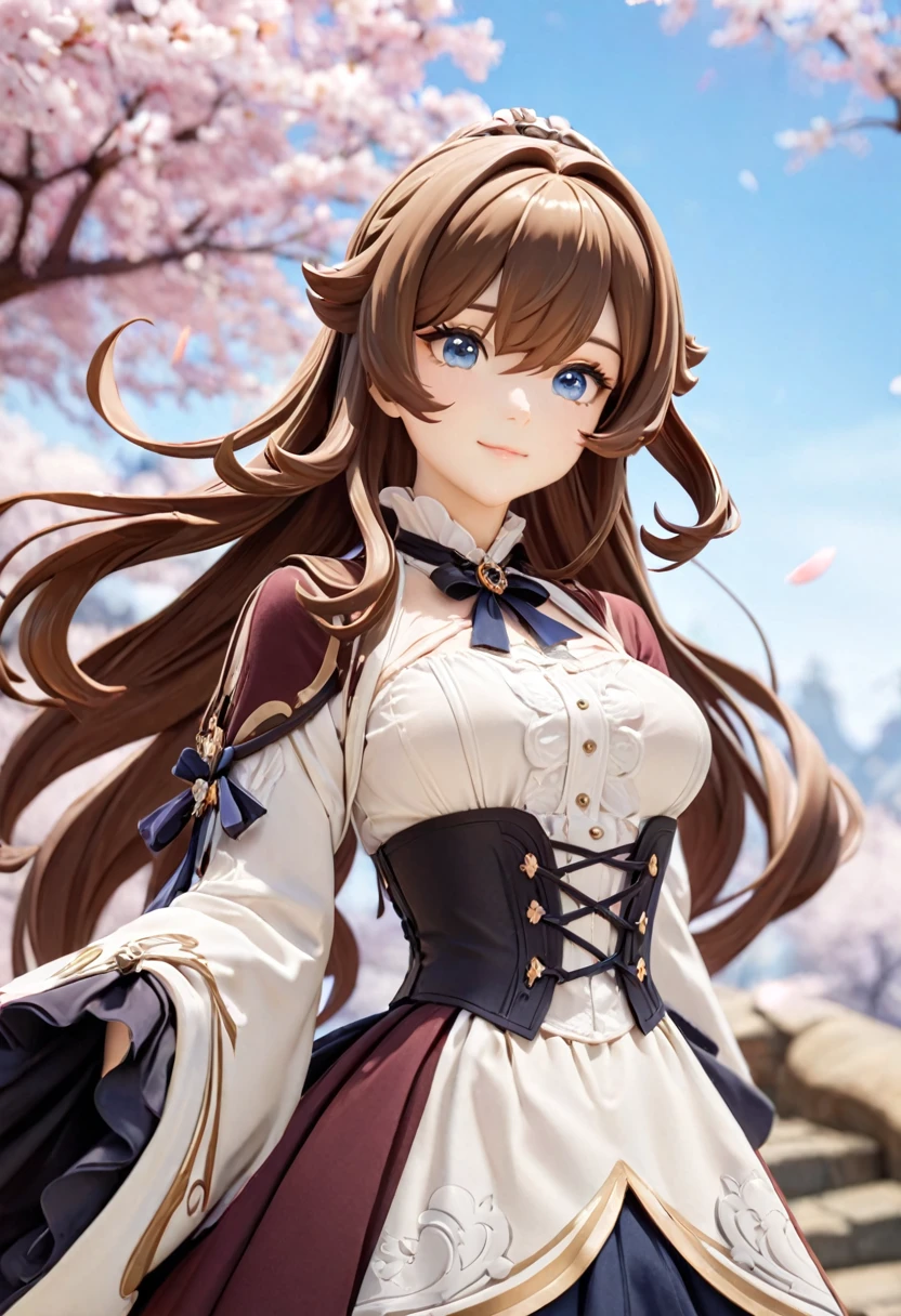 Masterpiece, best quality, 1 girl, solo, upper body, genshin impact, 1 girl, breasts, cherry blossoms, closed mouth, long hair, black, wavy, blue eyes, Victorian era clothing, jewelry, long hair, looking at spectator, medium breasts, outdoors, smile, solo, wide sleeves, dynamic pose, genshin,