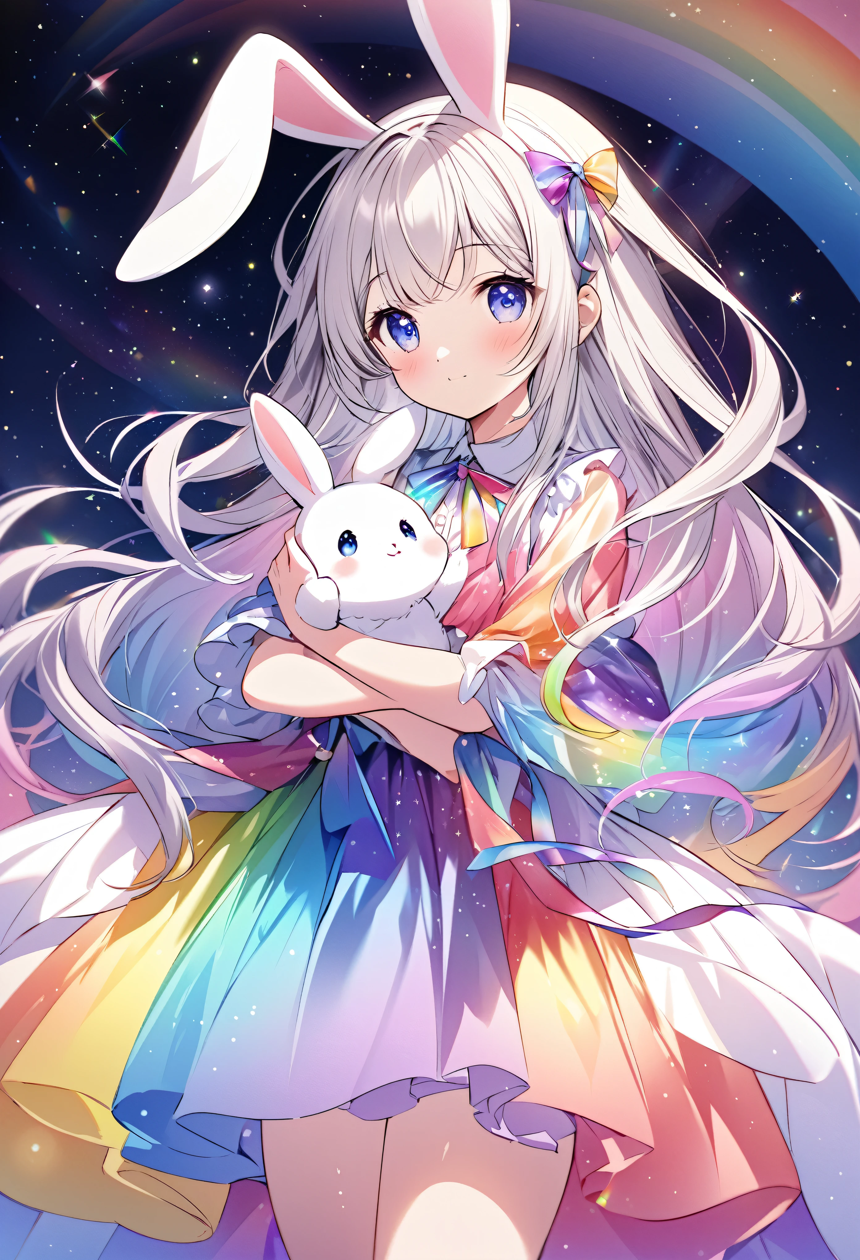 "Create an illustration of a mysterious character holding a white rabbit, She has light-colored hair with ribbons that resemble bunny ears.. Characters are shiny, A rainbow-colored blouse that reflects different colors. The background must be a celestial object, The starry sky transforms into a vibrant rainbow spectrum, Creates a mysterious and magical atmosphere."