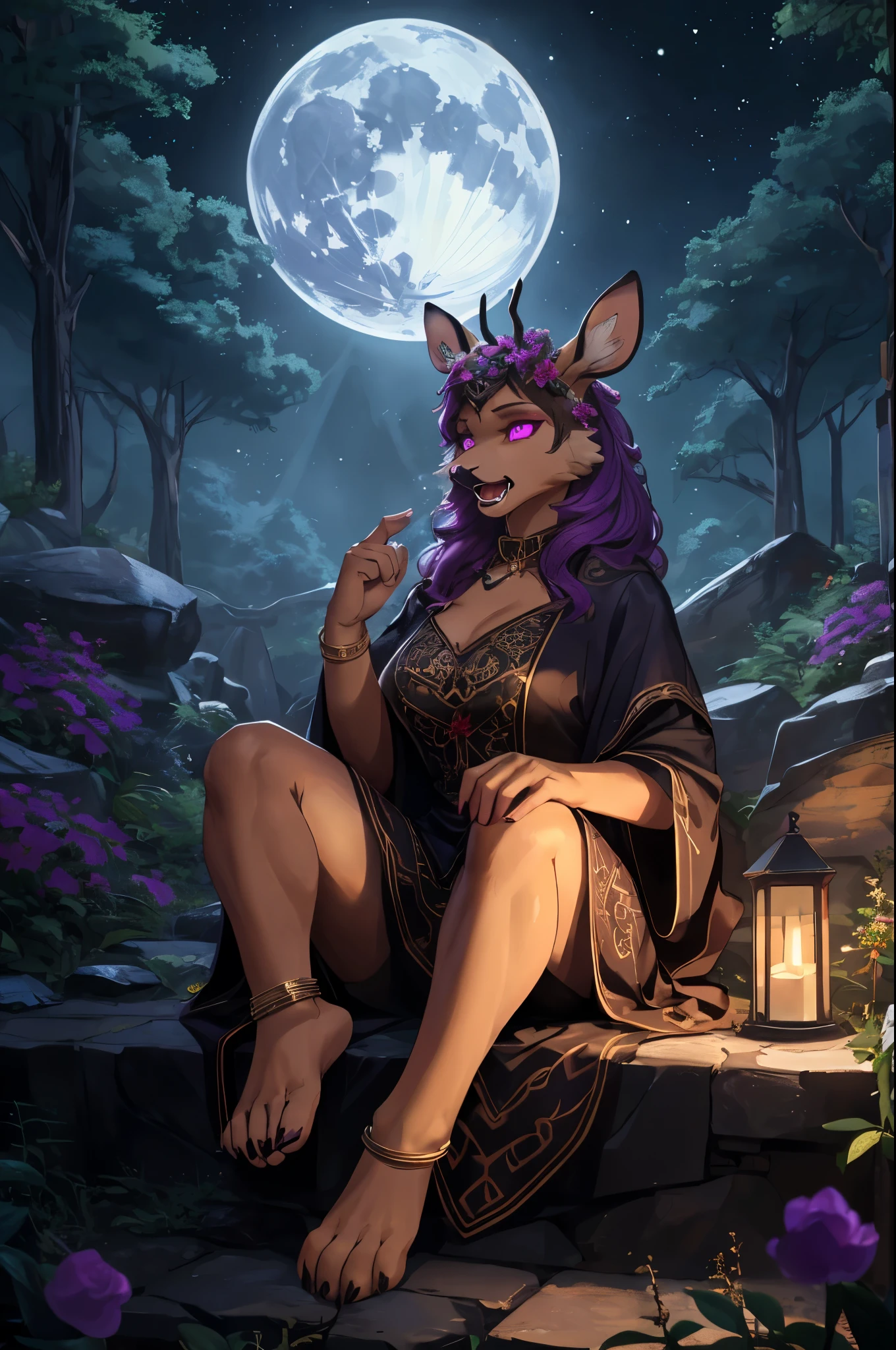 (((Barefoot furry character, full body, cinematic setting, furry female, plantigrade, wearing anklets))), ((deeply hypnotised and extremelly drooling deer)) anthro with deep ((purple fur)), (wide open mouth) and glowing ((violet eyes)) in trance. Dressed in flowing, dark robes with belladonna flower motifs. The figure sits barefoot and showing ((nice feet soles)) in a moonlit forest surrounded by eerie nightshade plants, with ripe berries and ethereal moonlight casting shadows. The atmosphere evokes mystery and danger. BREAK, detailed background, 8K, (masterpiece:1.5), intricate details, highly detailed, extreme detail, octane render, fine art, best quality, highres, (detailed face:1.5), ((full_body)), UHD, (((perfect hands))), low light, (((SFW))), (((five toes on feet))), (((perfect feet)))