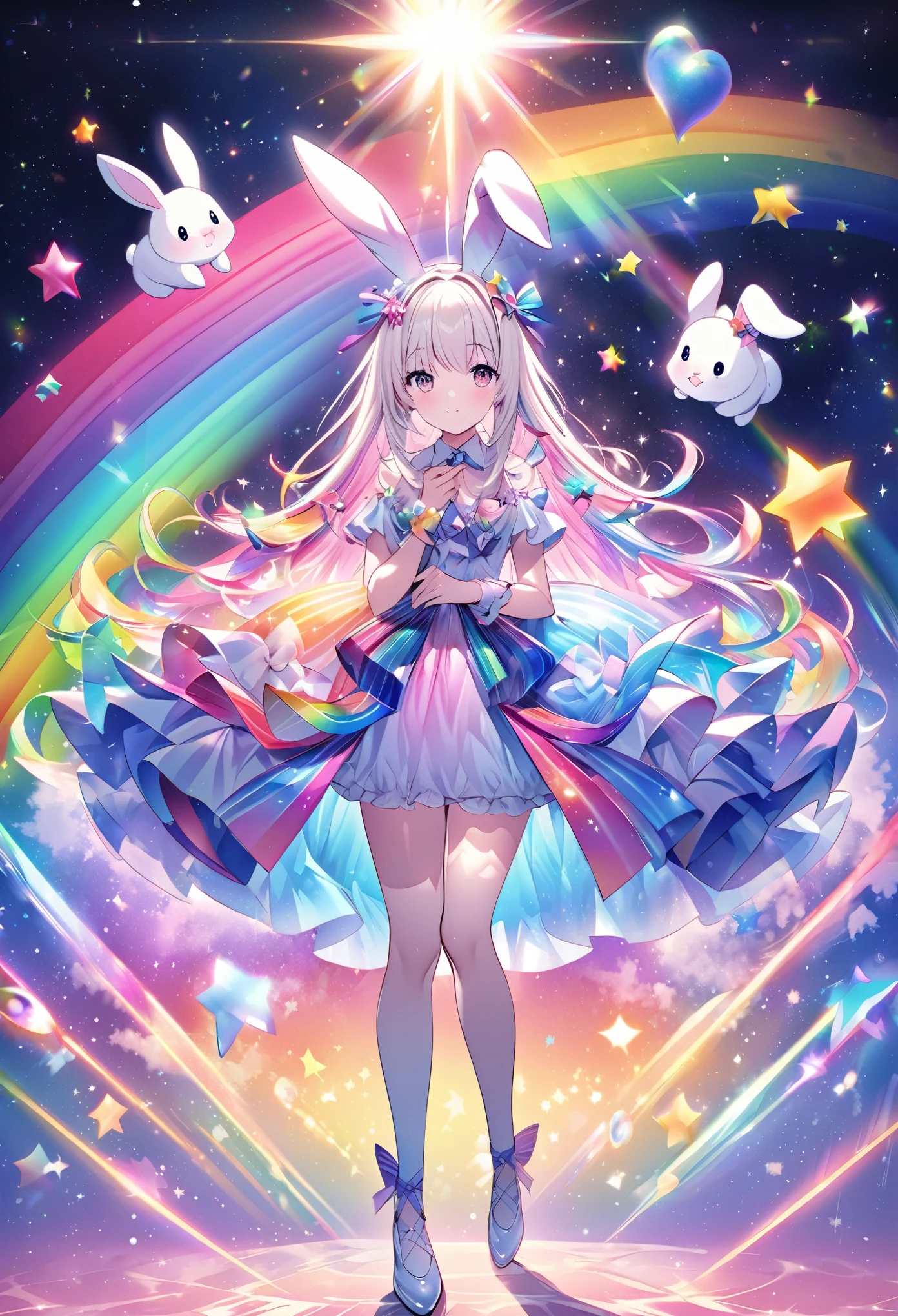 "Create an illustration of a mysterious character holding a white rabbit, She has light-colored hair with ribbons that resemble bunny ears.. Characters are shiny, A rainbow-colored blouse that reflects different colors. The background must be a celestial object, The starry sky transforms into a vibrant rainbow spectrum, Creates a mysterious and magical atmosphere."
