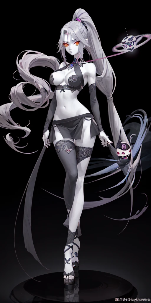 Todo el cuerpo, 1 mujer, Pelo gris, Pelo con coleta, ojos naranjas,ojos alineados, (ninja), color de ropa azul, tetas grandes, tiene dos espadas en la espalda, una aura rosa por el alrededor del cuerpo de la mujer
