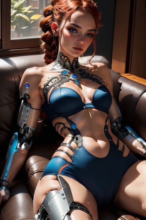 Sexy cyborg girl lying on the couch, french braid, red hair, best quality, high quality, absurdres, masterpiece, beautiful, intricate details, 1/2 body crop, slim body, beautiful figure, magnificent anatomy, (intricate details:1.12), HDR, (intricate details, hyper-detailing:1.15), (natural skin textures, hyper realisitc, soft light, Sharp:1.2)