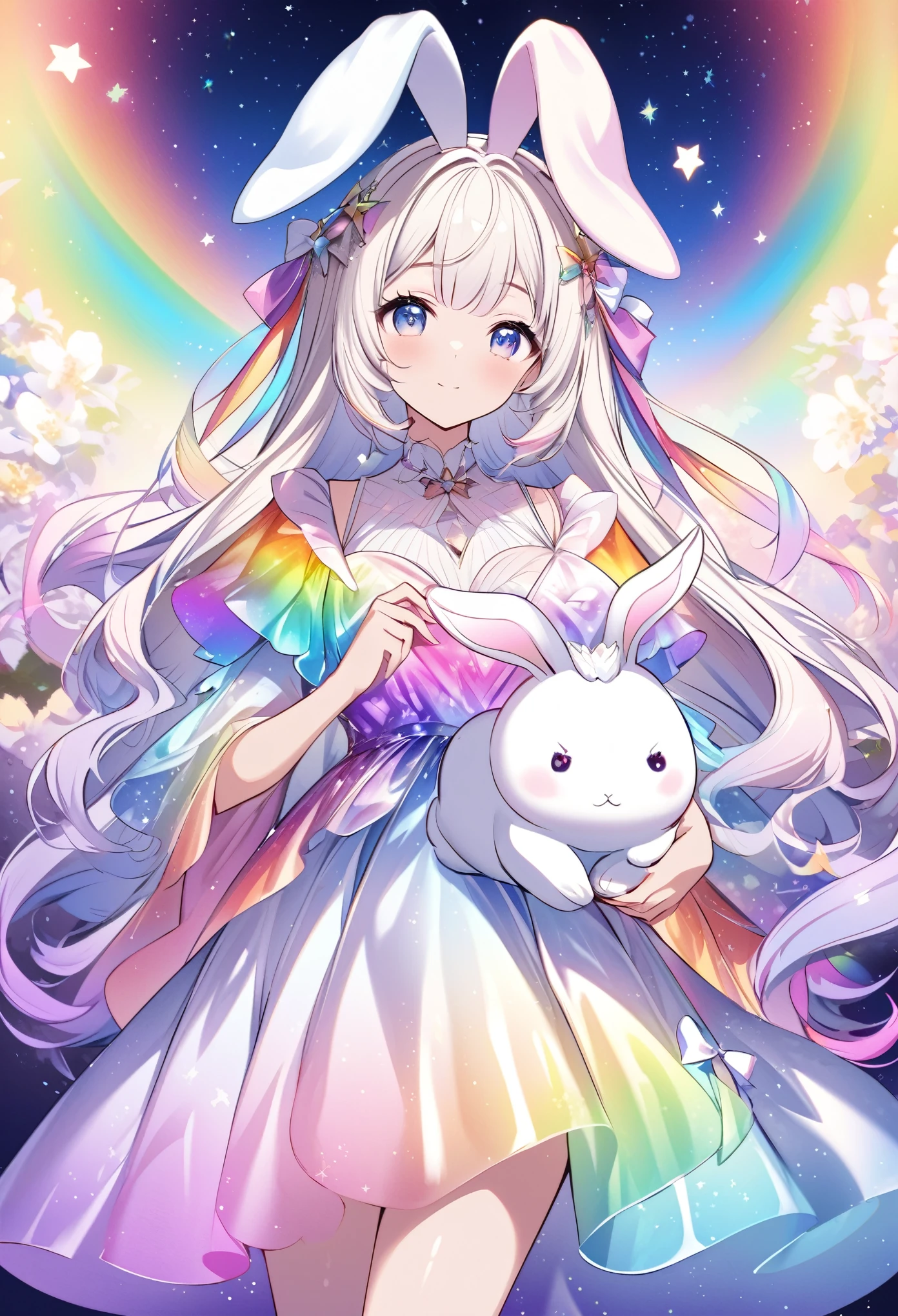 "Create an illustration of a mystical character holding a white rabbit, with light-colored hair adorned with a bow resembling rabbit ears. The character is wearing a shiny, iridescent blouse that reflects various colors. The background should be a celestial, starry sky transitioning into a vibrant rainbow spectrum, giving off an ethereal and magical vibe."
