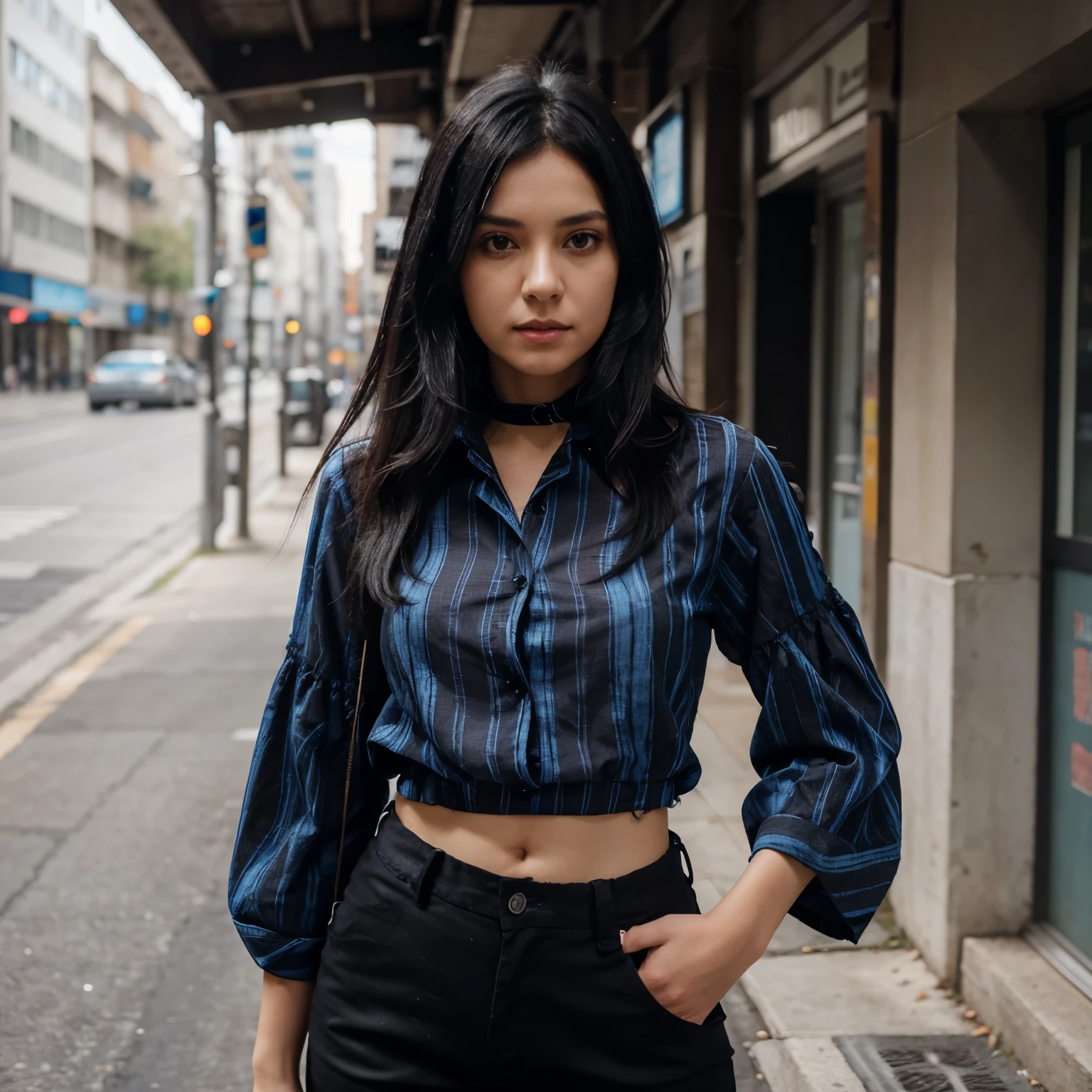 A woman with medium-length, messy black hair, with a faded blue blouse with stripes on the sleeves with a high collar and casual black pants