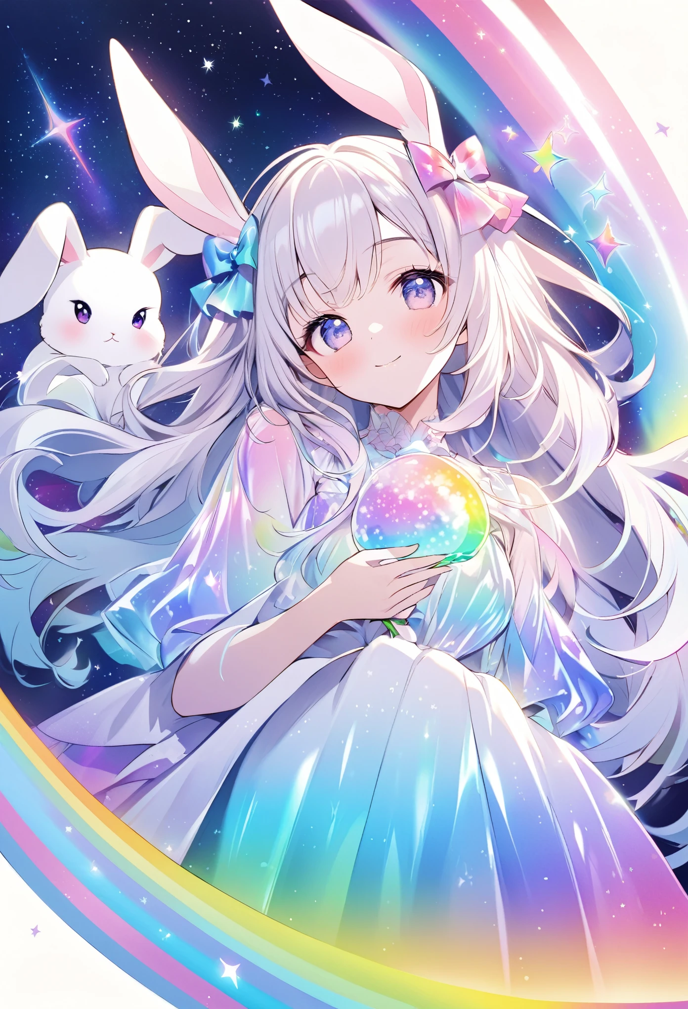 "Create an illustration of a mystical character holding a white rabbit, with light-colored hair adorned with a bow resembling rabbit ears. The character is wearing a shiny, iridescent blouse that reflects various colors. The background should be a celestial, starry sky transitioning into a vibrant rainbow spectrum, giving off an ethereal and magical vibe."
