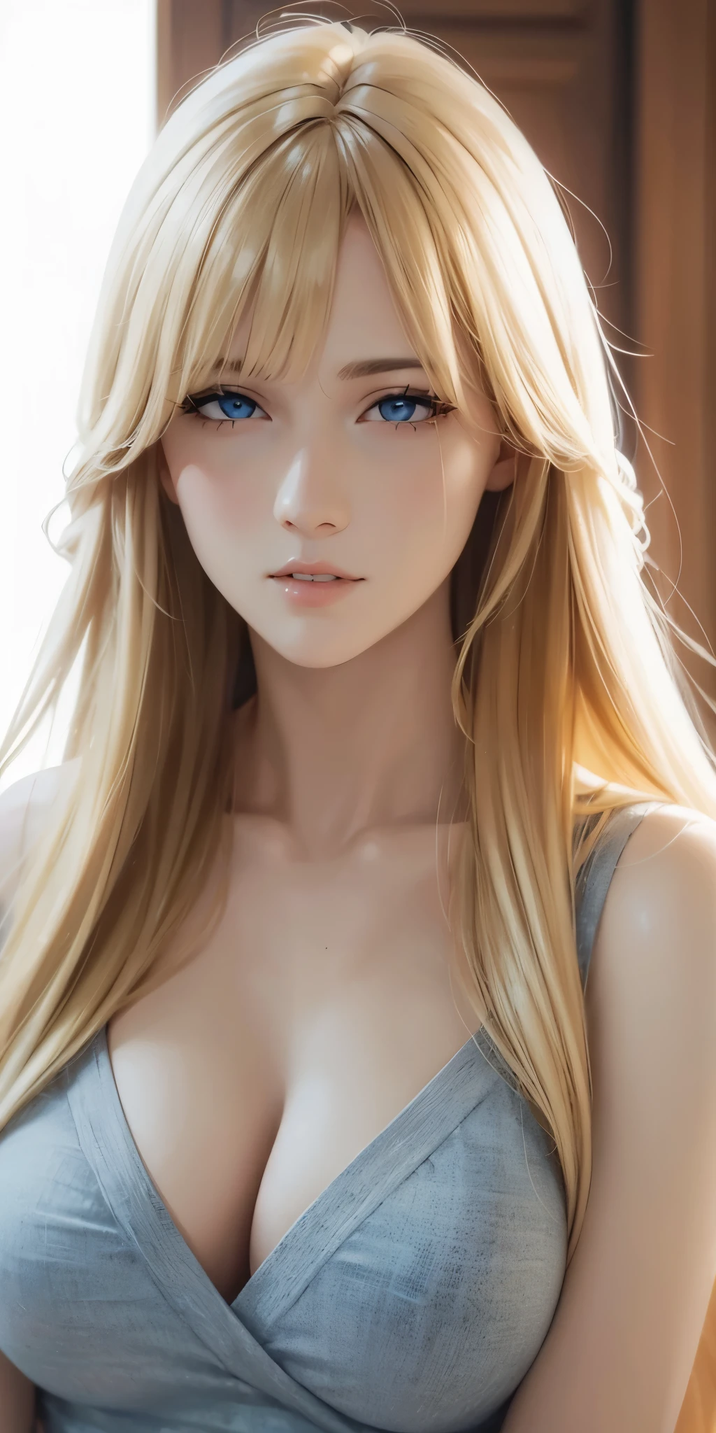 Upper body, elegant, adult woman, long neck, long blonde hair, bangs, casual clothe, cleavage, blue eyes, soft light, high quality, 4k resolution