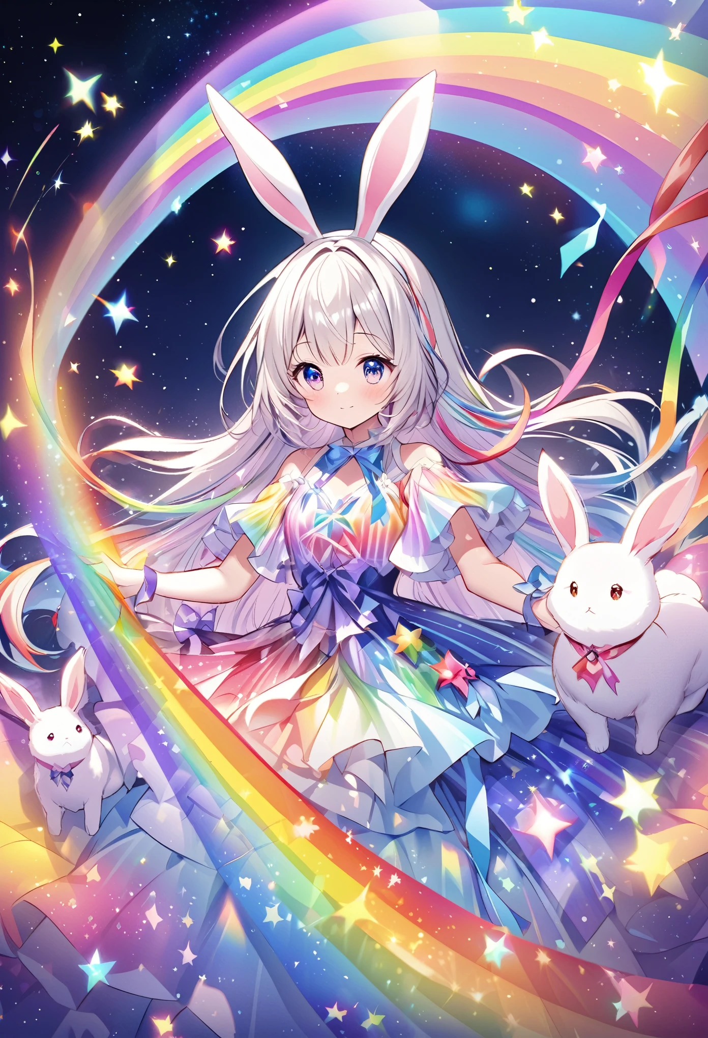 "Create an illustration of a mysterious character holding a white rabbit, She has light-colored hair with ribbons that resemble bunny ears.. Characters are shiny, A rainbow-colored blouse that reflects different colors. The background must be a celestial object, The starry sky transforms into a vibrant rainbow spectrum, Creates a mysterious and magical atmosphere."
