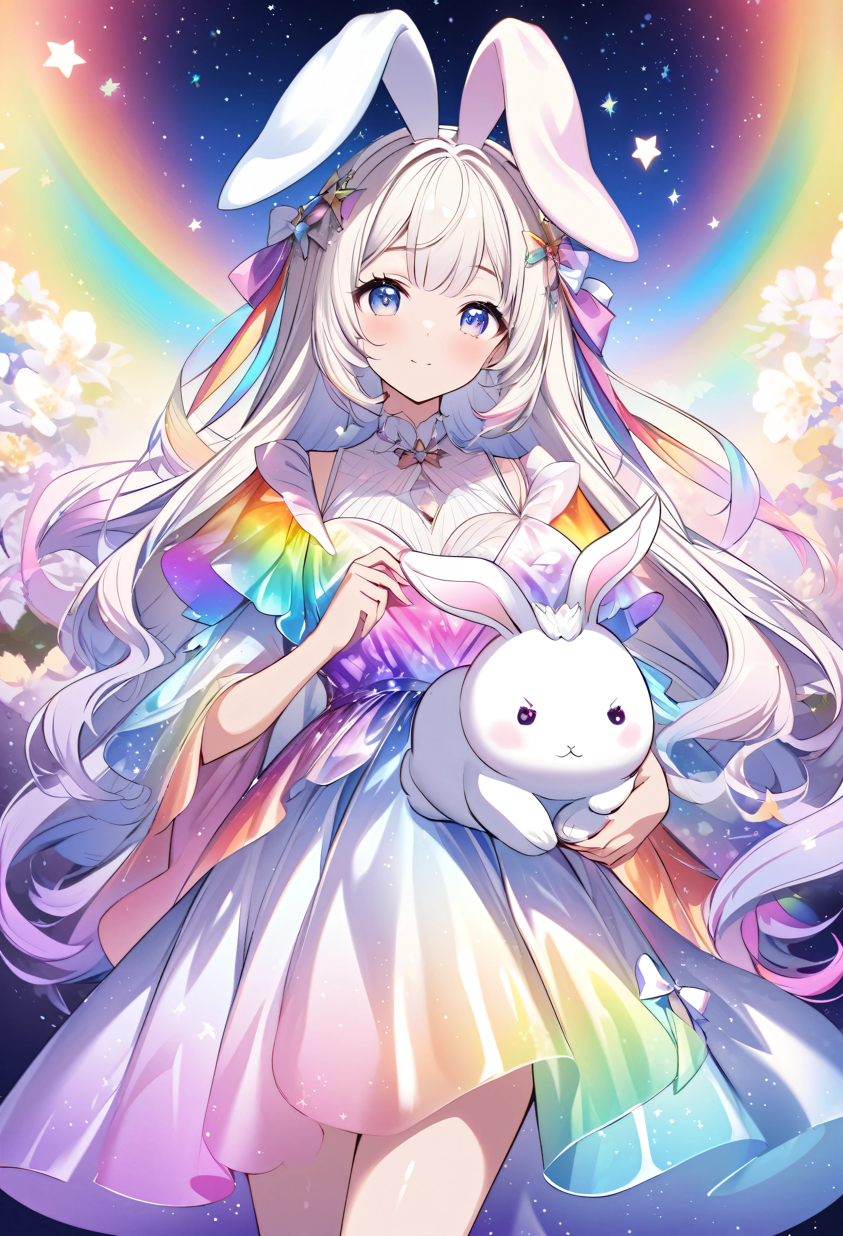 "Create an illustration of a mystical character holding a white rabbit, with light-colored hair adorned with a bow resembling rabbit ears. The character is wearing a shiny, iridescent blouse that reflects various colors. The background should be a celestial, starry sky transitioning into a vibrant rainbow spectrum, giving off an ethereal and magical vibe."
