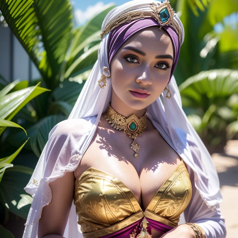 RAW, Best quality, high resolution, masterpiece: 1.3), beautiful javanese  queen in hijab showing cleavage in sexy bellydancer highslit,Masterpiece, Soft smile, choker, (((colorful))) (8k Very Detailed CG Unit Wallpaper), (Best Quality), (Best Illustration), (Best Shadow), (Detail: 1.4), 3D, HDR (High Dynamic Range), Ray Tracing, NVIDIA RTX, Super Resolution, Subsurface Scattering, PBR Texture, Post Processing, Anisotropic Filtering, Depth of Field, Maximum Sharpness and Acutance, Multi-layer Textures, Albedo and Highlight Mapping, Surface Shading, Accurate Simulation of Light-Material Interactions, Perfect Proportions, Octane Rendering, Two-tone Lighting, Wide aperture, low ISO, white balance, rule of thirds, 8K RAW, intricate detail, fine pattern, deep shadows, masterpiece, realism, roughness, ultra-realistic, shot on Canon EOS R5, 50mm lens, f/2.8, sharp focus, smooth, roughness, real life, realism, photography, 8k ultra hd,