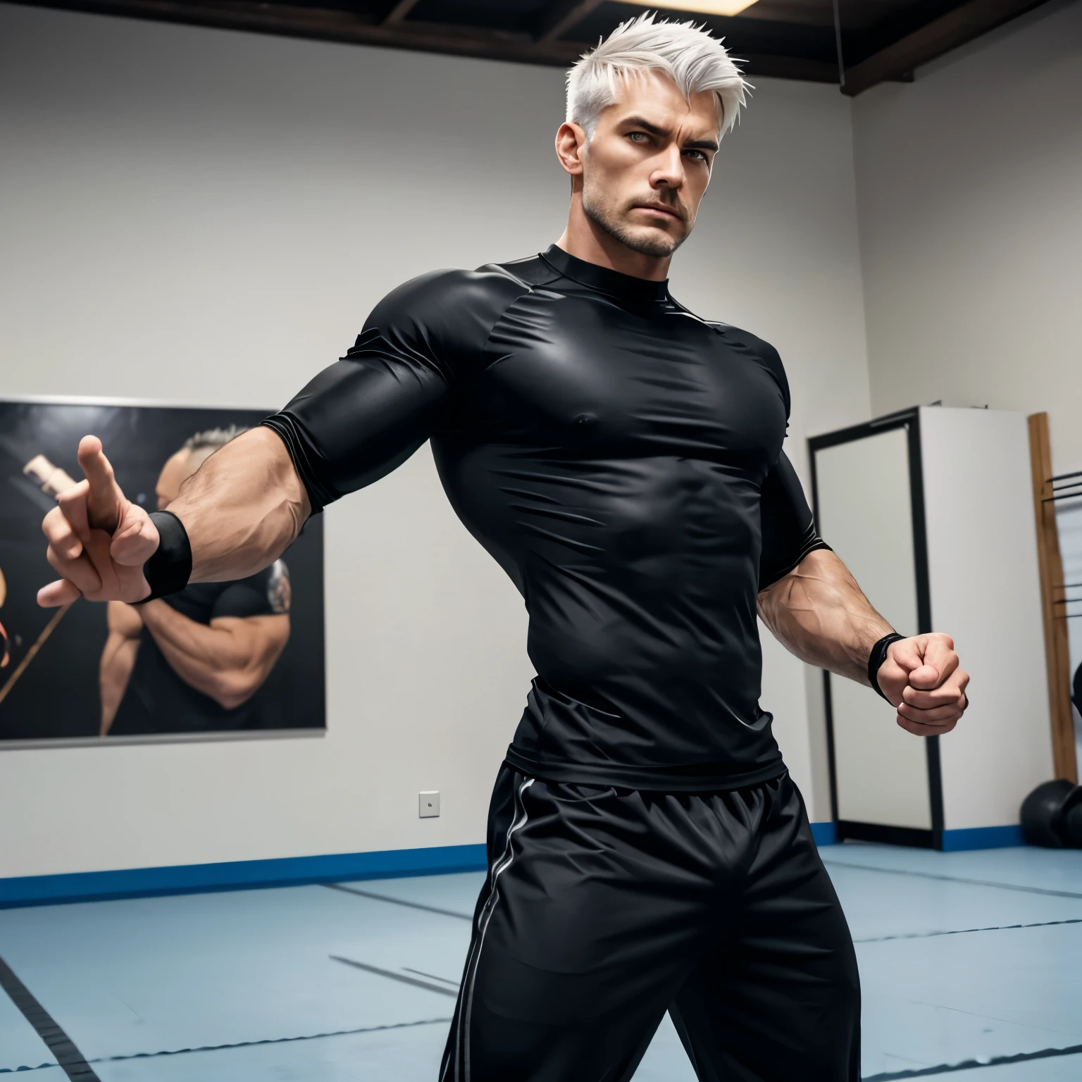 A handsome man, attractive in appearance, with sharp bright azure eyes and messy white hair, the man has a muscular build and toned figure, the man's body is slightly scarred due to him being a martial art fighter, the man's height is 6'5 and has sharp fangs. He has his arms crossed and is wearing a tight black compression shirt and he has a emotionless expression staring forward. The man has no facial hair.