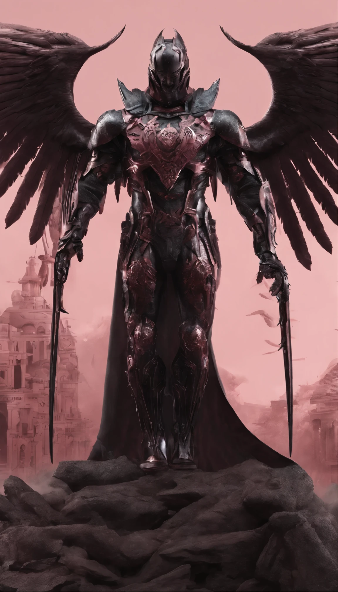 Male, 190cm tall, flaming eyes, sharp teeth, grinning, a pair of powerful hands+Eight back hands with hooks on the hands. Shiny armor. 19th century style. Black slender wings on the back. Huge wings. Rose-shaped heart on the chest. Detailed muscle depiction. Max muscle lines. Max power. Detailed surrealistic photo shooting style. Geographic data. Kraken 4k quality. Virtual engine rendering. Ancient Greek style. Dark pink tones. High-definition details.