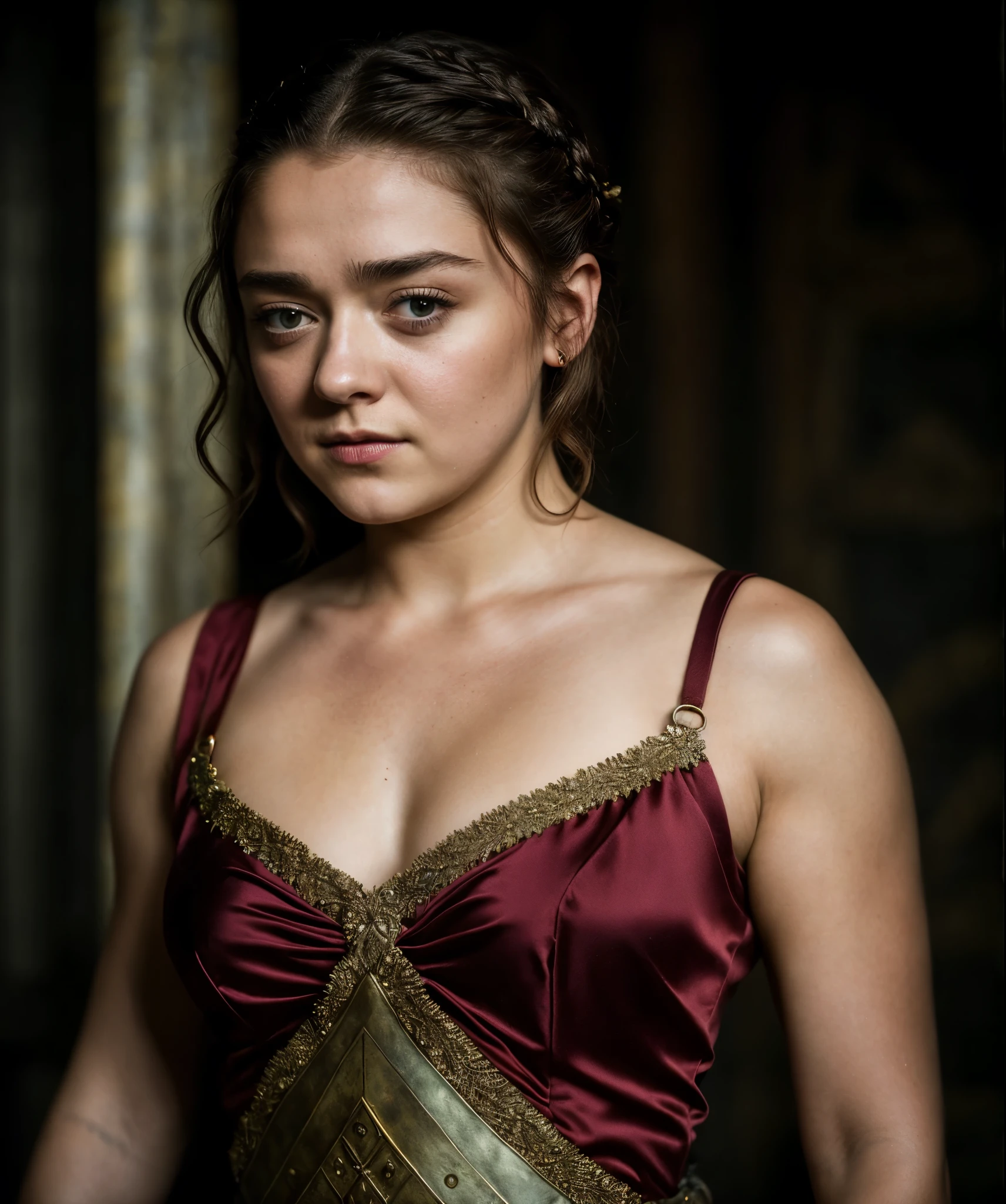 Foto RAW, Arya Stark, Extremely gorgeous lady, Arya Stark PLAYED BY MAISIE WILLIAMS, Queen Arya Stark, she  a mature woman now, milf, sexy mediaeval battle dress, gladiator woman, body, 40 years old Woman, body revealing costumes, perky breast, big natural breast, erotic costumes, lusty physique, seductive figure can capture every people's attention, Game of thrones costumes, revealing captivating figure, Mediaeval costumes, revealing clothes, A tomboy, she would rather fence than dance, warrior queen , game of thrones screen caps, Game of Thrones Series, (pele altamente detalhada: 1.2), 8k UHD, DSLR, soft-lighting, alta qualidade, grain of film, Fujifilm XT3, flawless picture, highly detailed, detailed Beauty, intricate, 32k, sharp picture,