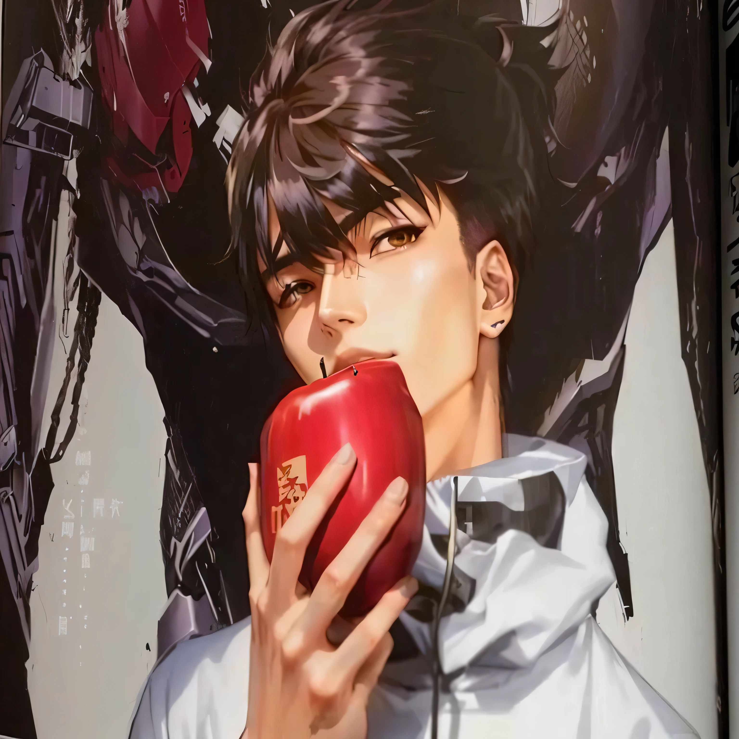 anime book with a photo of a man holding an apple, estilo de hajime isayama, arte de tsutomu nihei, kastuhiro otomo, por Harumi Hironaka, inspirado em Tsukioka Yoshitoshi, inspirado em Yumihiko Amano, por Hirohiko Araki, inspirado em Shinji Aramaki