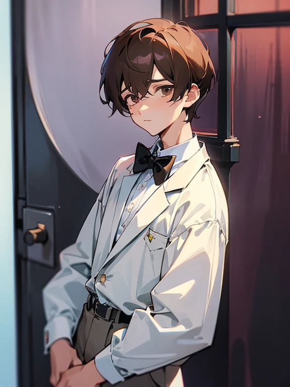 cartoon of a boy standing, with a black loop bow tie, ddlc, in the art style of 8 0 s anime, 9 0 s anime style, 90s anime style, in anime style, in an anime style, anime aesthetic, anime vibes, 9 0 s anime aesthetic, 9 0 s anime art style, lofi boy, typical anime street background, beautiful background window, one boy, beautiful face, boy, don't extra hands, NO extra hands, generate a boy with NO extra hands, NO extra arm, white shirt, tired eyes, beautiful tired eyes, brown short hair, brown hair, short hair, dark eyes, beautiful tired dark eyes, cute anime boy, based on Francis Mosses from that's not my neighbor, Francis Mosses the milkman, Francis Mosses the milkman from that's not my neighbor 