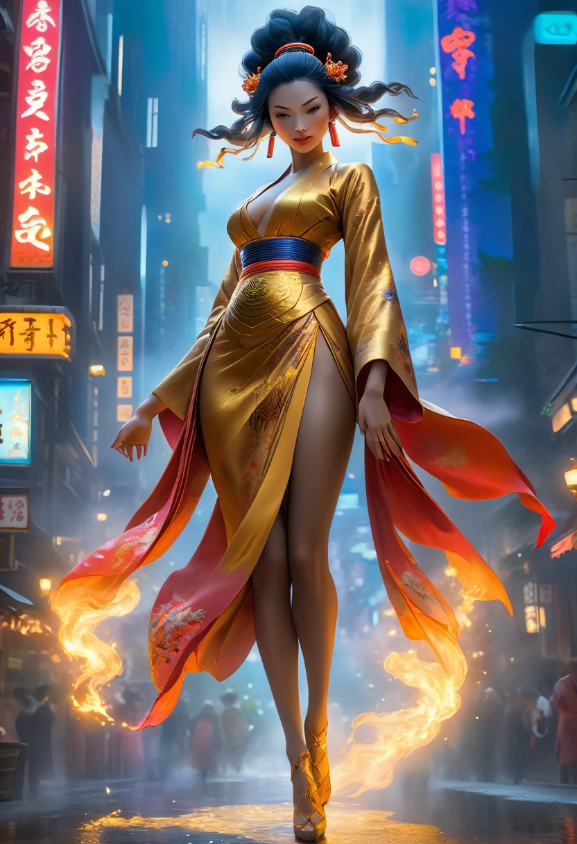 best quality,4k,8k,highres,masterpiece:1.2,ultra-detailed,realistic:1.37,HDR,UHD,studio lighting,ultra-fine painting,sharp focus,physically-based rendering,extreme detail description,professional,dynamic angle, high octane action,dynamic pose, joy expression, (A woman, accompanied by her guardian spirit, stands in a vibrant and bustling city. The woman, dressed in stylish and unique attire, exudes confidence and determination. The woman stands tall, projecting an aura of strength and power.), (Beside the woman, her guardian spirit manifests in the form of a Yokai, a supernatural creature known for its mystical abilities. With intricate details and vibrant colors, the Yokai emanates an otherworldly presence. It serves as a visual representation of the woman's inner self, both a protector and a source of power.), (Surrounding the woman and the Yokai, the cityscape comes alive with bustling streets, vibrant signs, and towering skyscrapers. The city is bathed in the hues of sunset, casting a warm and mysterious glow over the scene. The lights from the city create an enchanting ambiance, highlighting the contrast between the modern metropolis and the fantastical elements of the woman and the Yokai.), (In terms of art style, the image is brought to life with bold lines, dynamic poses, and a unique blend of realism and fantasy. The art style seamlessly integrates the supernatural elements with the urban setting, creating a visually striking composition.), (The lighting in the image is carefully crafted to enhance the atmosphere and mood. Soft, diffused light illuminates the woman's face, accentuating their features and adding a touch of mystery. The cityscape is bathed in golden hues, creating a warm and inviting ambiance that contrasts with the supernatural elements of the scene.)