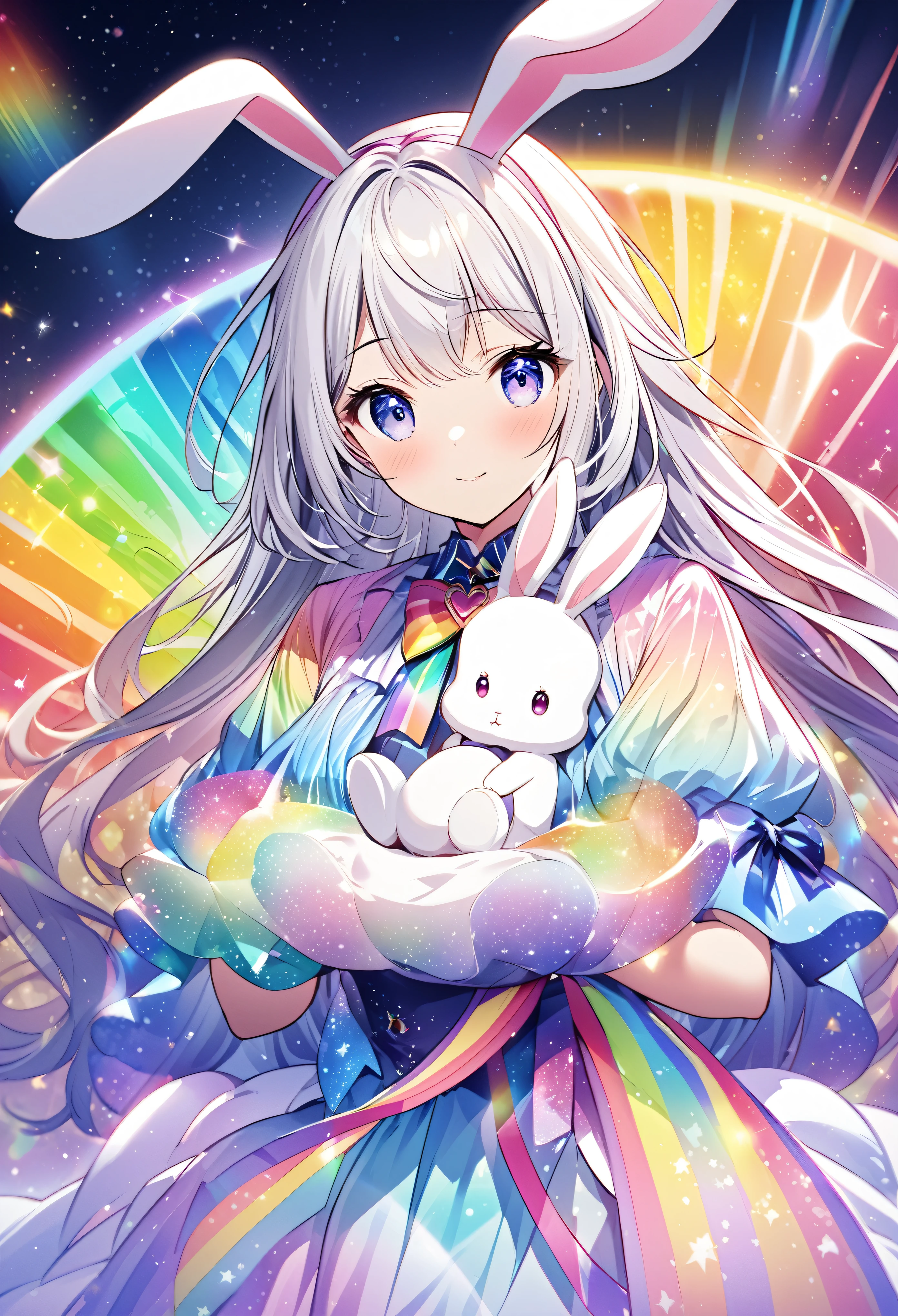 "Create an illustration of a mysterious character holding a white rabbit, She has light-colored hair with ribbons that resemble bunny ears.. Characters are shiny, A rainbow-colored blouse that reflects different colors. The background must be a celestial object, The starry sky transforms into a vibrant rainbow spectrum, Creates a mysterious and magical atmosphere."