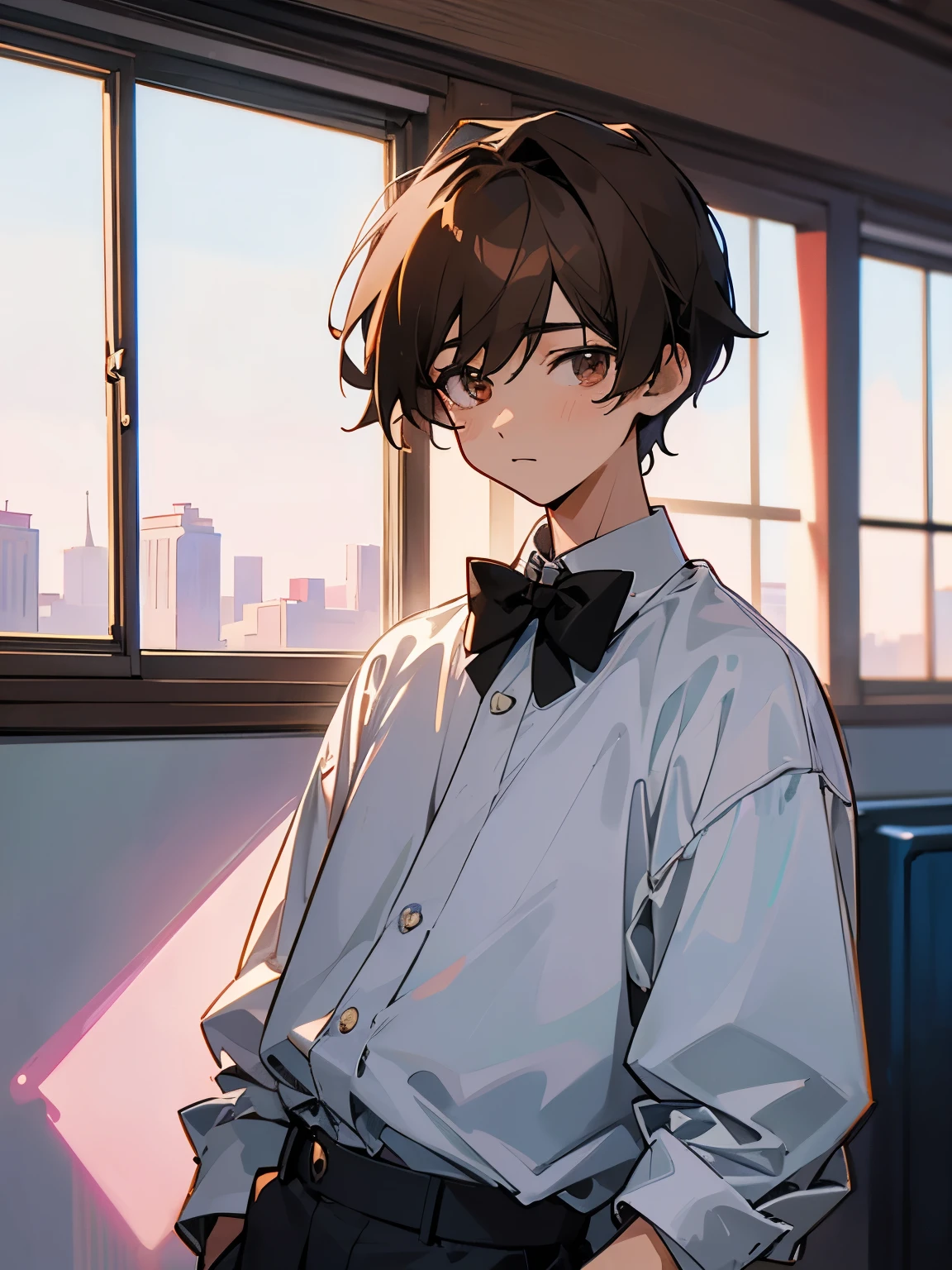 cartoon of a boy standing, with a black loop bow tie, ddlc, in the art style of 8 0 s anime, 9 0 s anime style, 90s anime style, in anime style, in an anime style, anime aesthetic, anime vibes, 9 0 s anime aesthetic, 9 0 s anime art style, lofi boy, typical anime street background, beautiful background window, one boy, beautiful face, boy, don't extra hands, NO extra hands, generate a boy with NO extra hands, NO extra arm, white shirt, tired eyes, beautiful tired eyes, brown short hair, brown hair, short hair, dark eyes, beautiful tired dark eyes, cute anime boy, based on Francis Mosses from that's not my neighbor, Francis Mosses the milkman, Francis Mosses the milkman from that's not my neighbor