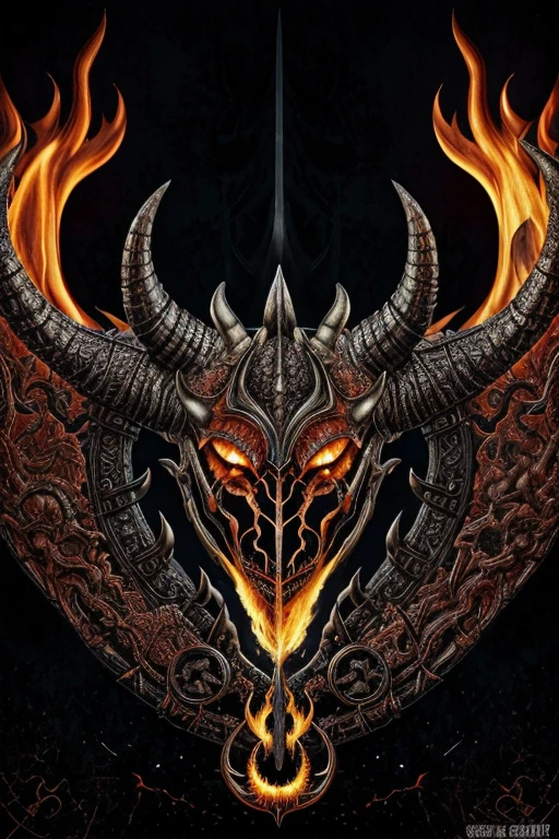 a close up of a fire and metal object with a horned head, symmetrical epic fantasy art, intricate fire designs, dagoth ur, intricate devilish designs, sigil, detailed cover artwork, the order of the burning shadow, sauron, the dark lord sauron, fantasy rpg symmetrical portrait, demonic dragon inspired armor, official artwork