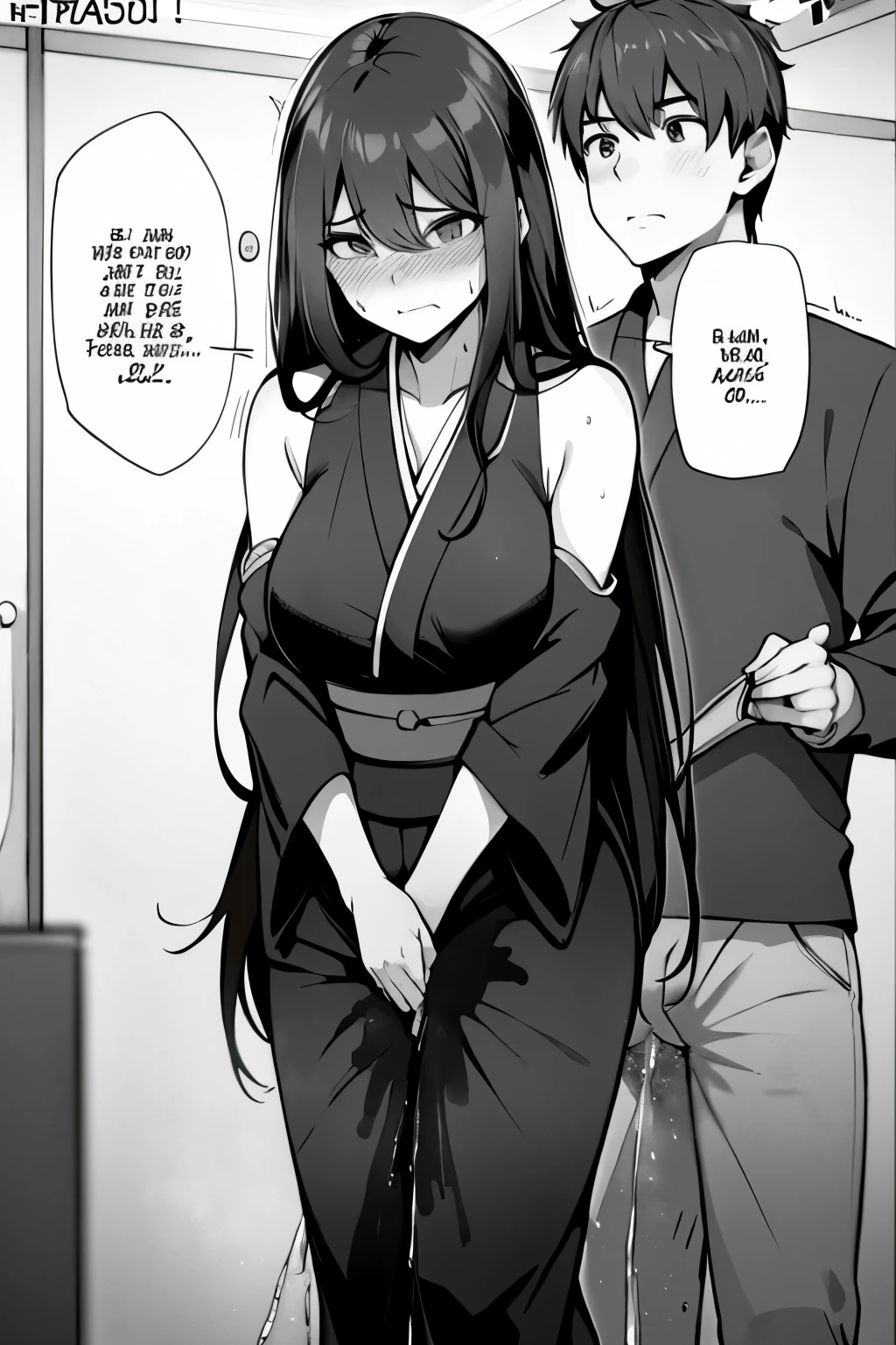 A woman with very long (black hair:1.5), wearing a floral-print kimono, stands in a (monochrome:1.25) setting. The artwork is inspired by manga and incorporates a doujin style. The woman appears to be (wetting herself:1.5), which causes her to feel embarrassed and humiliated, resulting in a blush on her face. In addition, there is an air of anger in her expression. The lighting in the scene is moody, with a spotlight highlighting the woman's figure. She is crossing her arms, (arms crossed:1.5), fully showcasing her kimono., medium breasts, full kimono