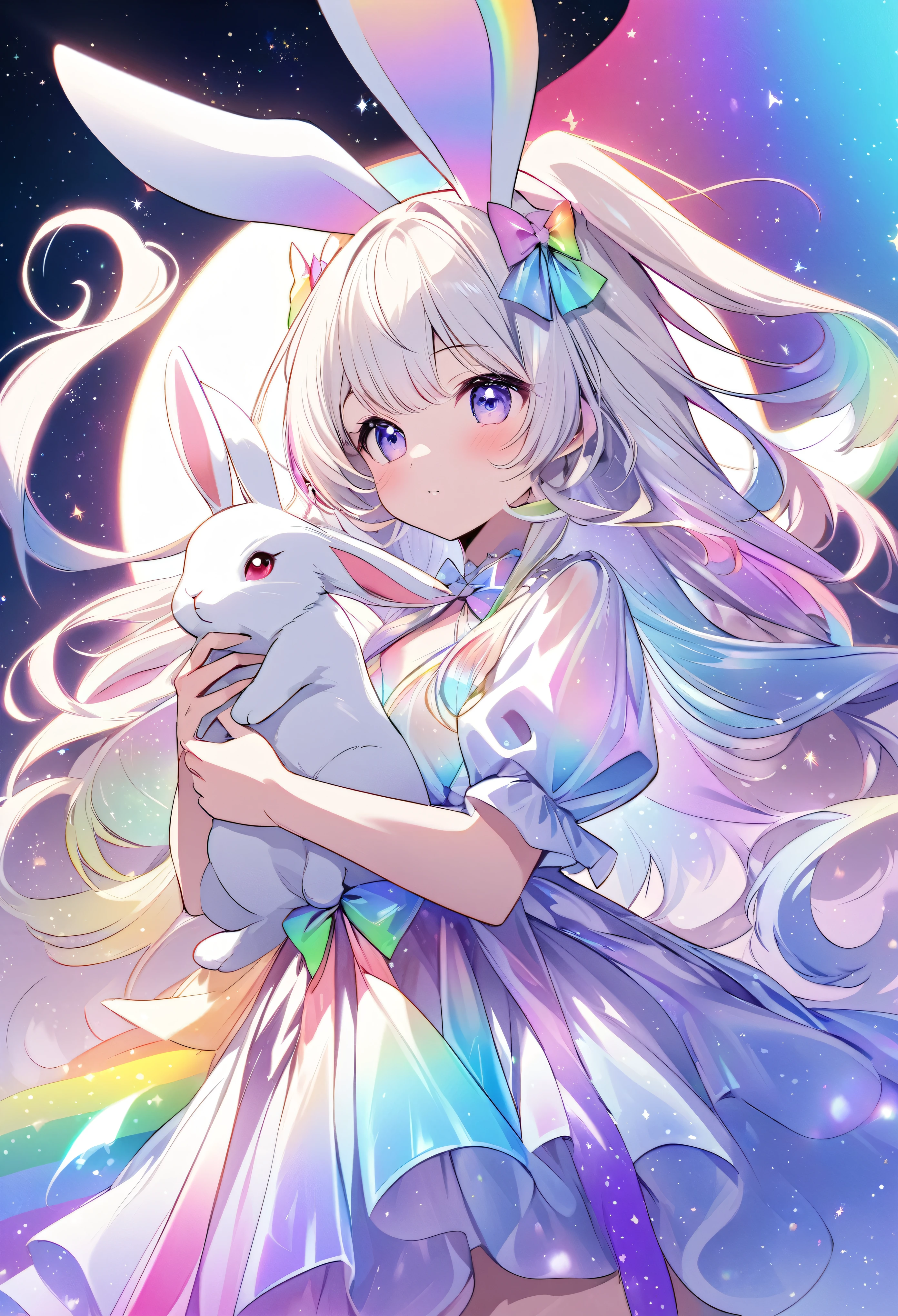 "Create an illustration of a mystical character holding a white rabbit, with light-colored hair adorned with a bow resembling rabbit ears. The character is wearing a shiny, iridescent blouse that reflects various colors. The background should be a celestial, starry sky transitioning into a vibrant rainbow spectrum, giving off an ethereal and magical vibe."