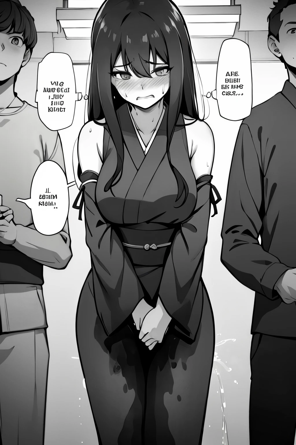 A woman with very long (black hair:1.5), wearing a floral-print kimono, stands in a (monochrome:1.25) setting. The artwork is inspired by manga and incorporates a doujin style. The woman appears to be (wetting herself:1.5), which causes her to feel embarrassed and humiliated, resulting in a blush on her face. In addition, there is an air of anger in her expression. The lighting in the scene is moody, with a spotlight highlighting the woman's figure. She is crossing her arms, (arms crossed:1.5), fully showcasing her kimono., medium breasts, full kimono