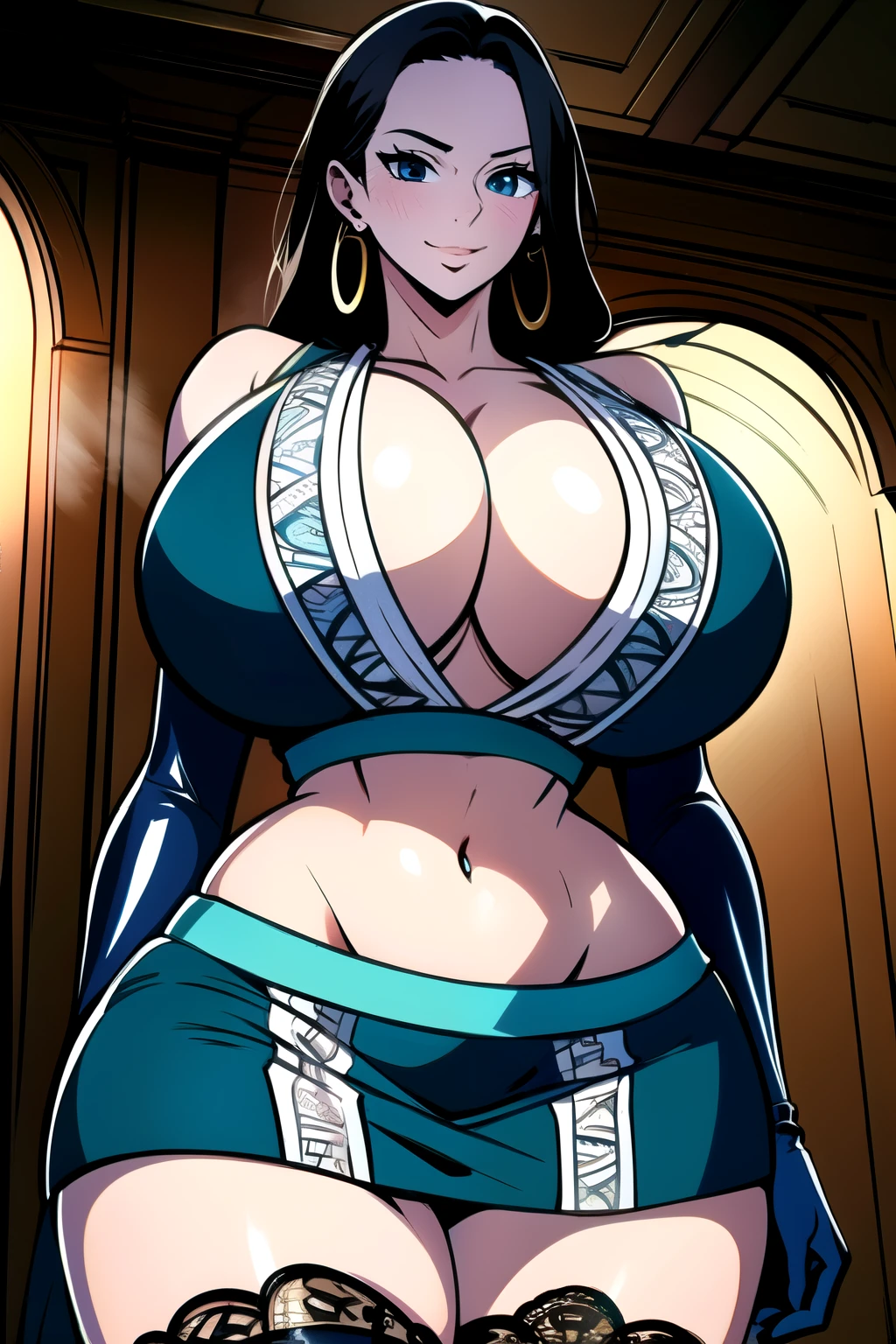 ultra realistic 8k cg, masterpiece, ((ultra detailed background, intricate detail, highly detailed, fine details best quality, hyperdetailed face)), gigantic breasts ,beautiful lighting, absurdres, BoaHancockV2, 1girl, solo, black hair, long hair, jewelry, closed mouth, ), cleavage, (black crop top : 1.1), (underboob : 1.4), elbow gloves, thigh boots, miniskirt, bare shoulders,, bare shoulders, curvy, midriff, curvy, thighs, shiny clothes), blue eyes, complex detailed background, indoor, palace), ((cowboy shot)), curvy, (gigantic breasts: 1.4), seductive smile, cowboy shot, earrings, jewelry