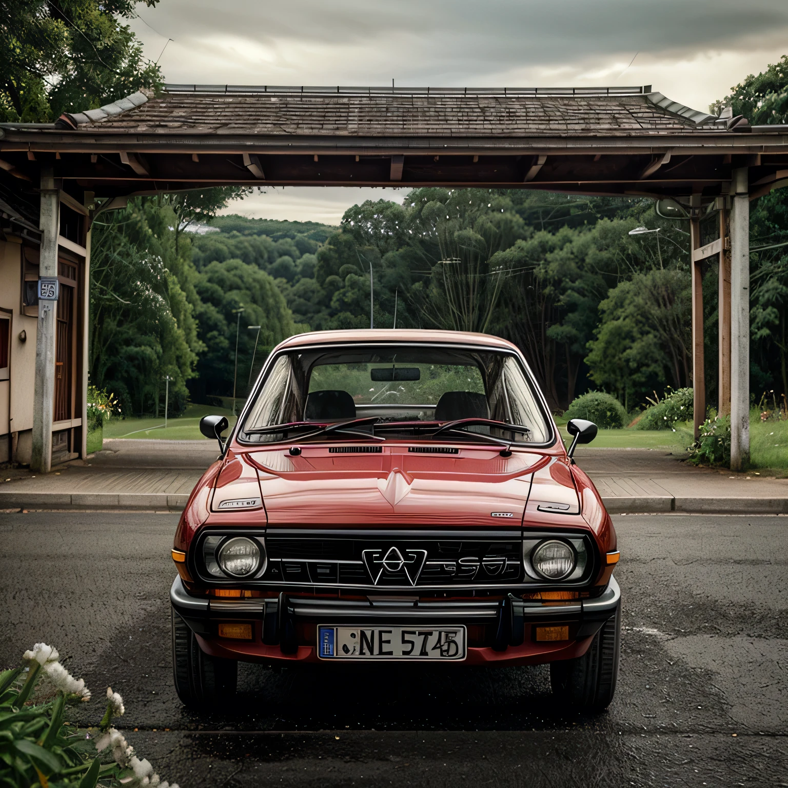 /imagine prompt: Opel Kadett sedan 4 doors, 1977, red color, fhotorrealism,(((Ghibli style))), Spirited Away, Howl's Moving Castle, dreamy colour palette,