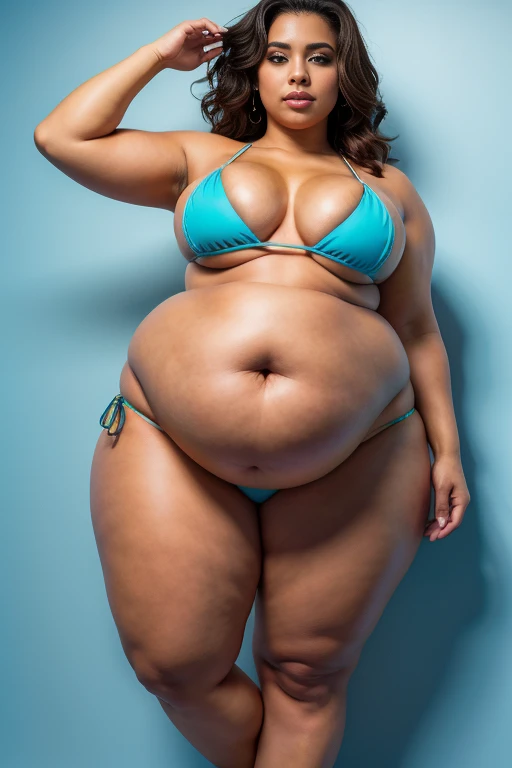 A hot brazillian woman, pretty brazillian woman, long legs, wavy messy black hair, (plump body, sagging ???????, braless), ((wearing cyan ??????)), brown stilettos, (navel piercing), pushes ?????, seductive look, attractive, full body, front view, at professional photo studio, white backdrop background, dynamic light, dynamic angle, perspective, candid, curvy body, plump body, huge big ???, thick body, curvy body type, voluptuous body type, busty body type, thick body type, big ?????, big