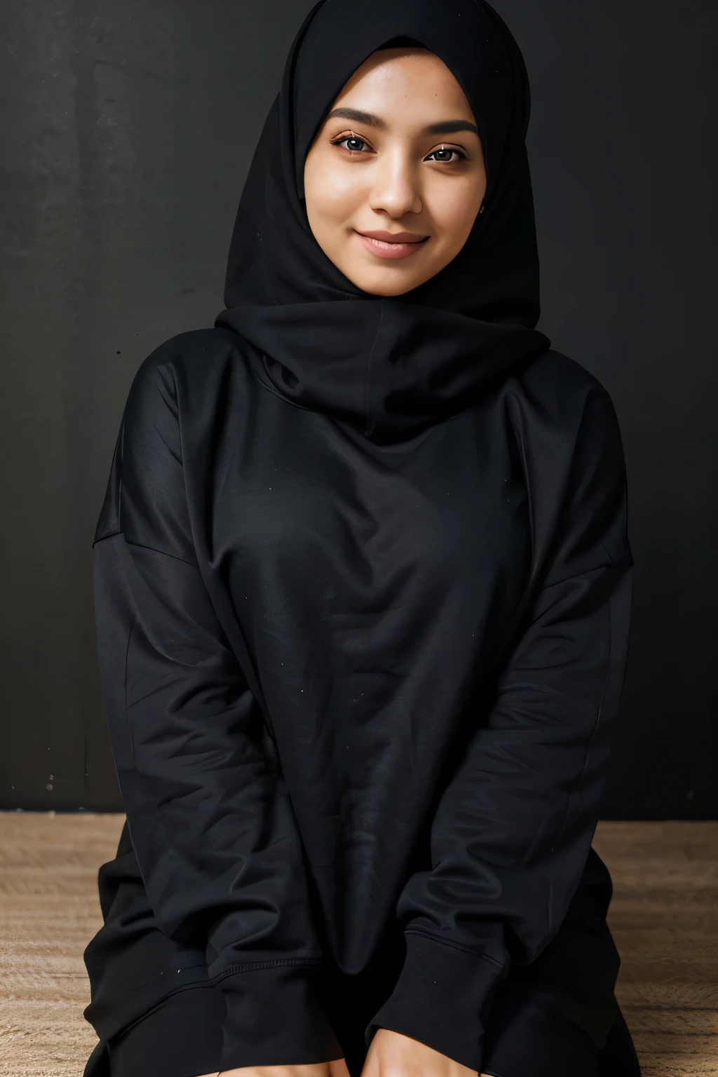 female, hijab, egyption, beautiful, black clothes, oversized hoodies, medium, hands  behind her back, looking straight at the camera, sitting, smiling, short, white skin, closed mouth, blue wall behind her, unblured, ultra realistic, realistic face