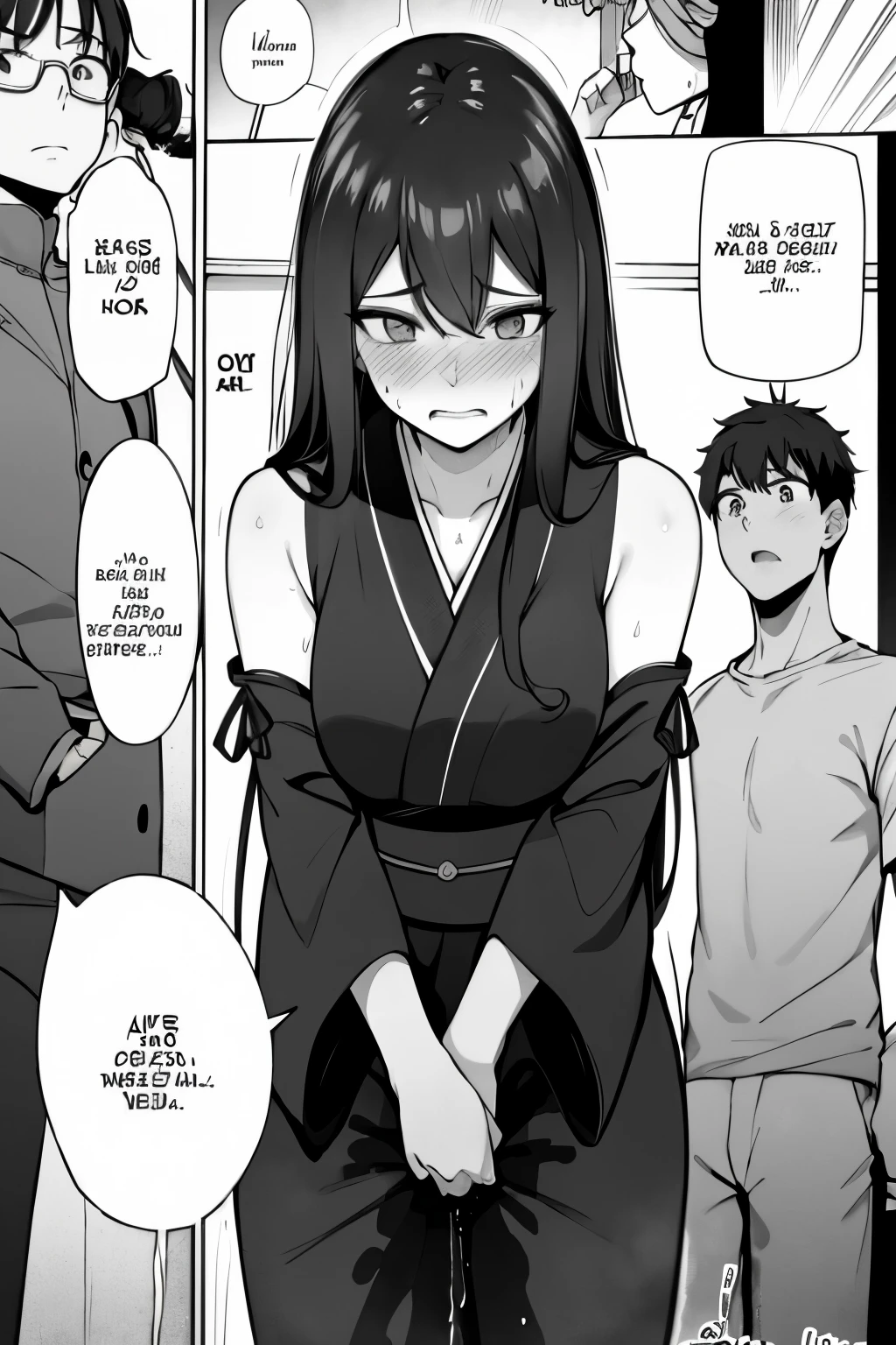 A woman with very long (black hair:1.5), wearing a floral-print kimono, stands in a (monochrome:1.25) setting. The artwork is inspired by manga and incorporates a doujin style. The woman appears to be (wetting herself:1.5), which causes her to feel embarrassed and humiliated, resulting in a blush on her face. In addition, there is an air of anger in her expression. The lighting in the scene is moody, with a spotlight highlighting the woman's figure. She is crossing her arms, (arms crossed:1.5), fully showcasing her kimono., medium breasts, full kimono
