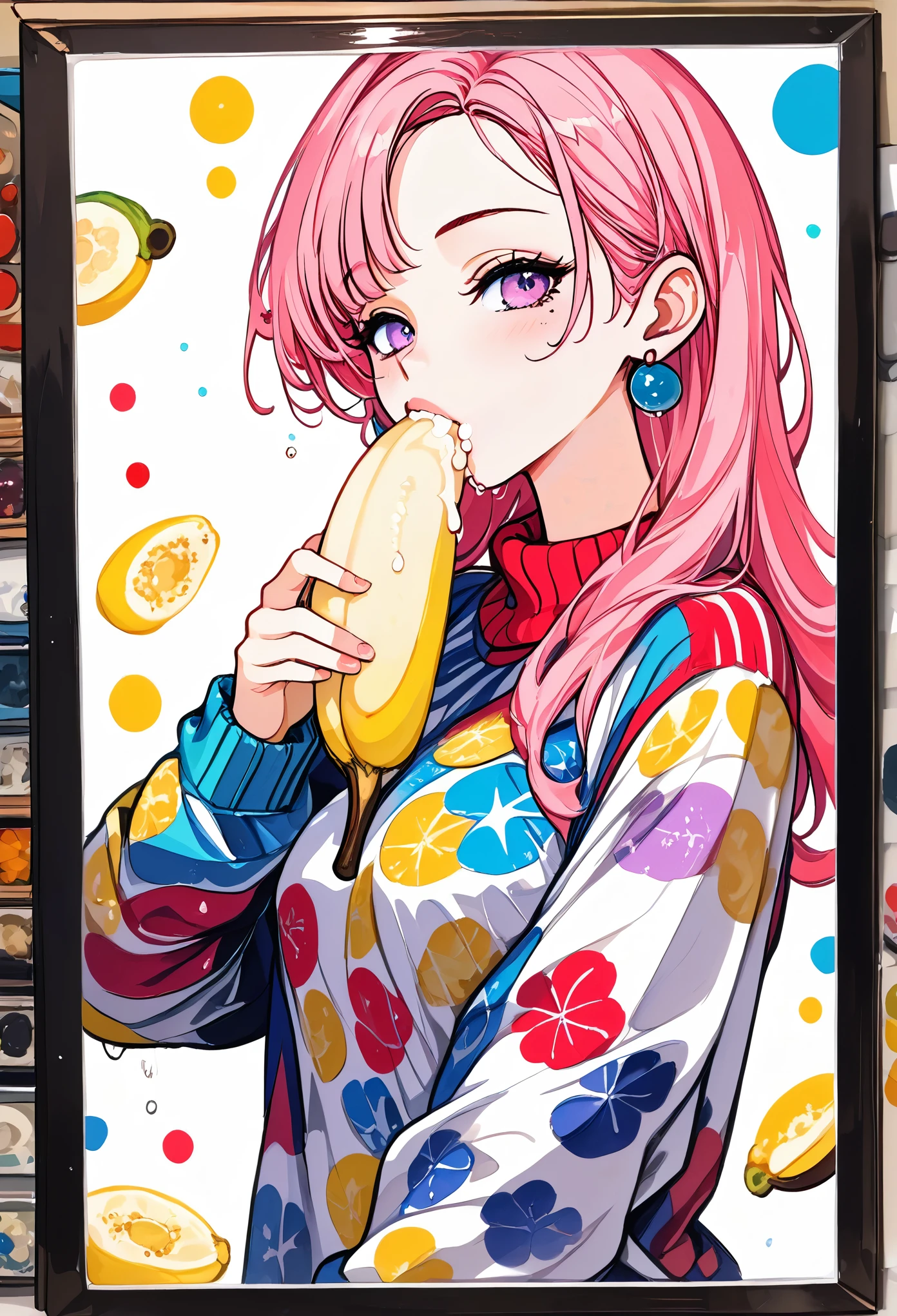 (masterpiece, best quality: 1.2),Barbie doll,，colloid， Sexy eyes，The expression of a kiss，Wet pink and white sexy lips， colloid皮肤，Full figure，earrings（（Watercolor pattern sweater））eating banana，full-body shot